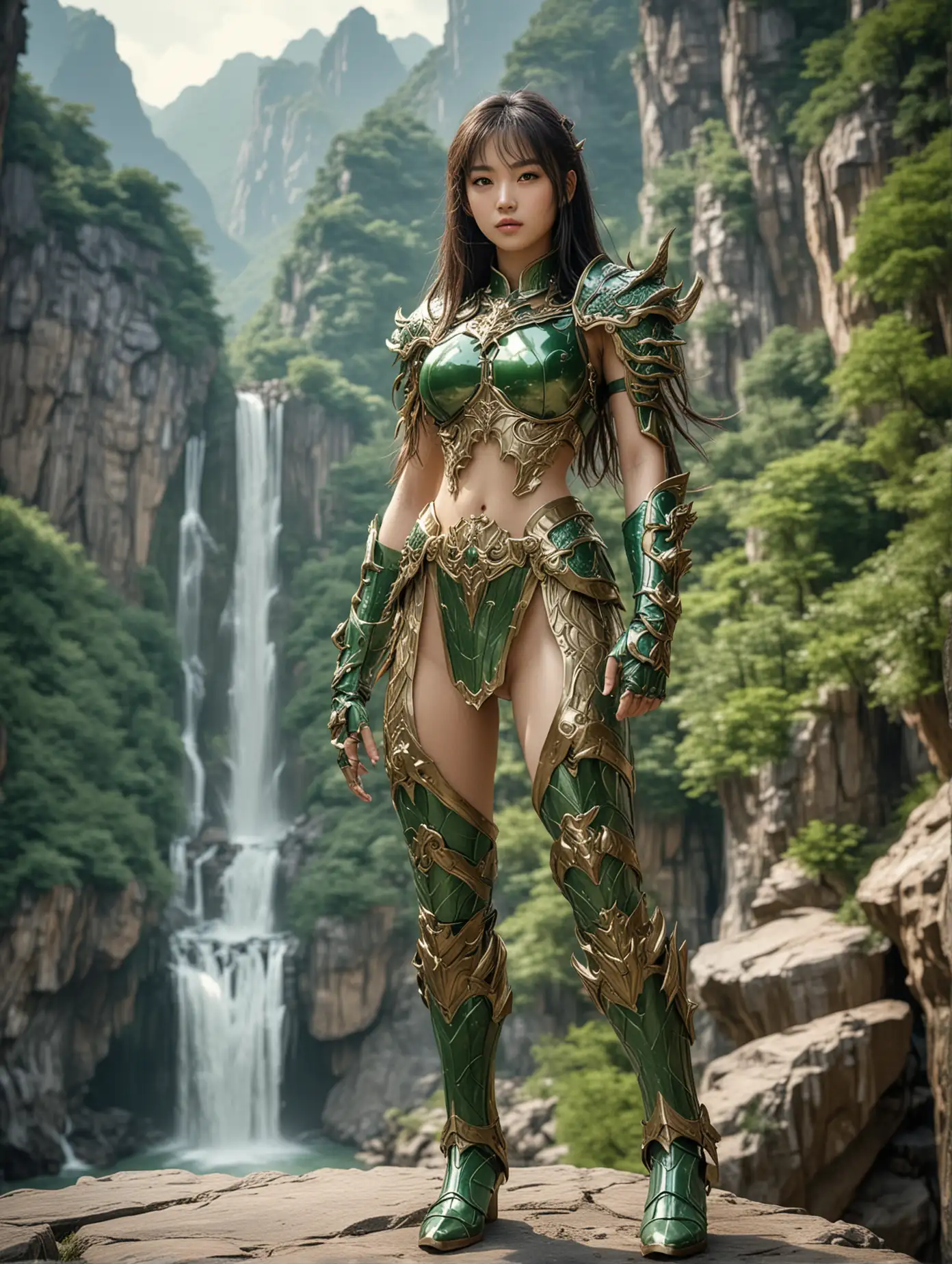 Realpicture Sexy and strong Chinese girl with long hair with dragon's green bronze micro armor, green bronze helmet and green bronze skirt in saint seiya style, half-nude, full body, Chinese mountains and waterfall in the background, best quality, master, realistic face, best quality, Portrait of a boy, realistic 4k, 18k