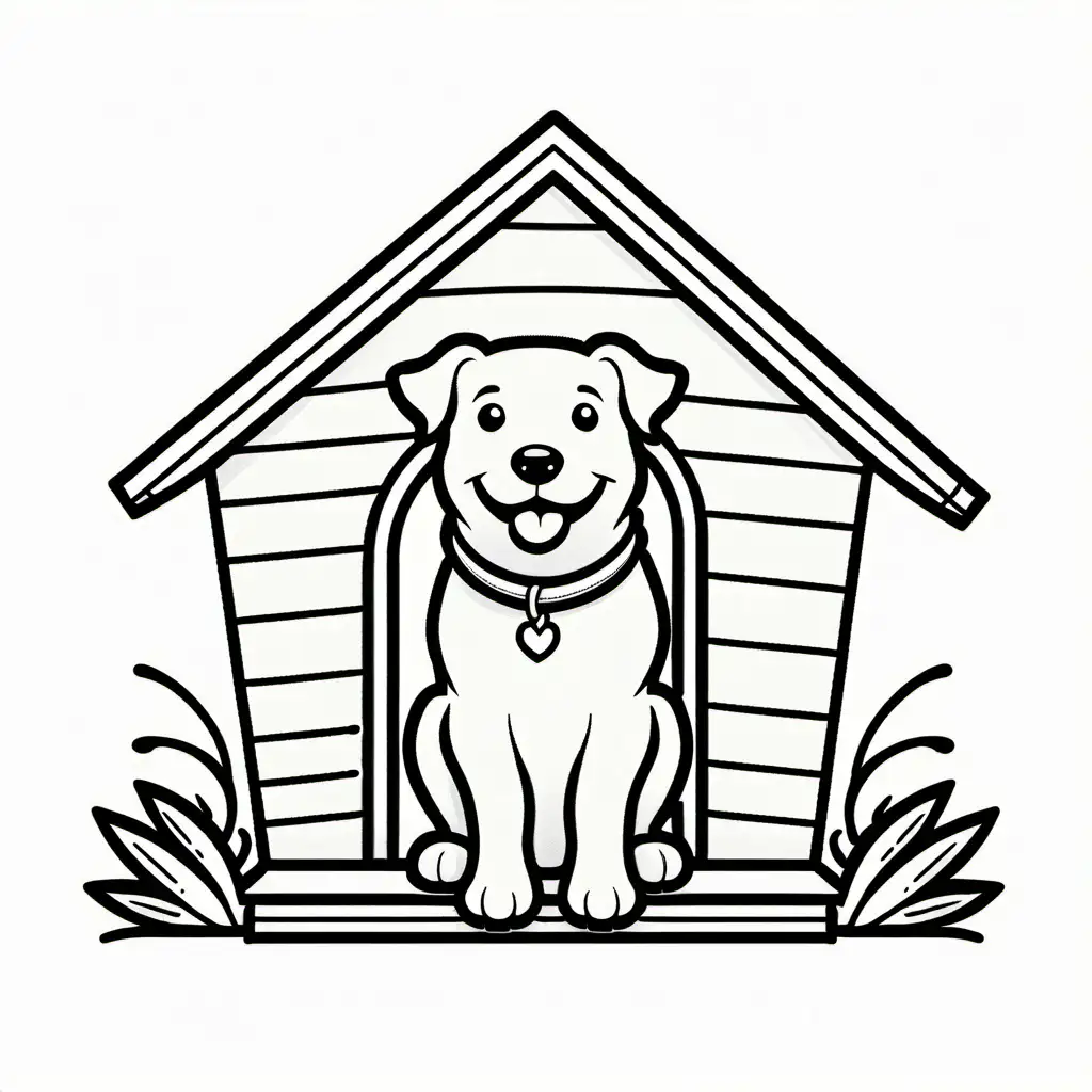 happy dog in house, Coloring Page, black and white, line art, white background, Simplicity, Ample White Space. The background of the coloring page is plain white to make it easy for young children to color within the lines. The outlines of all the subjects are easy to distinguish, making it simple for kids to color without too much difficulty
