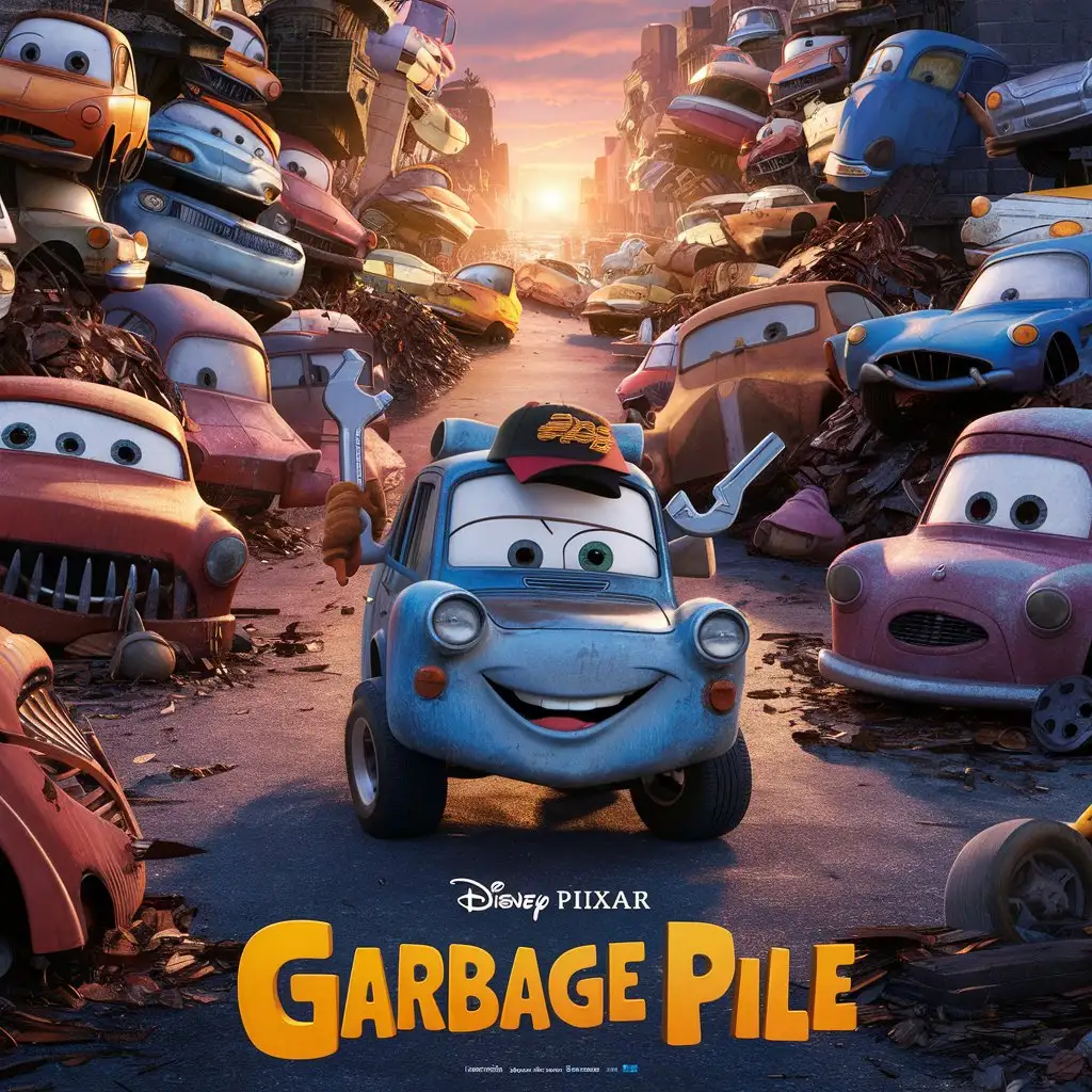 Disney Pixar poster for an animated movie named "Garbage Pile" with a lot of broken and rusty cars on the street
