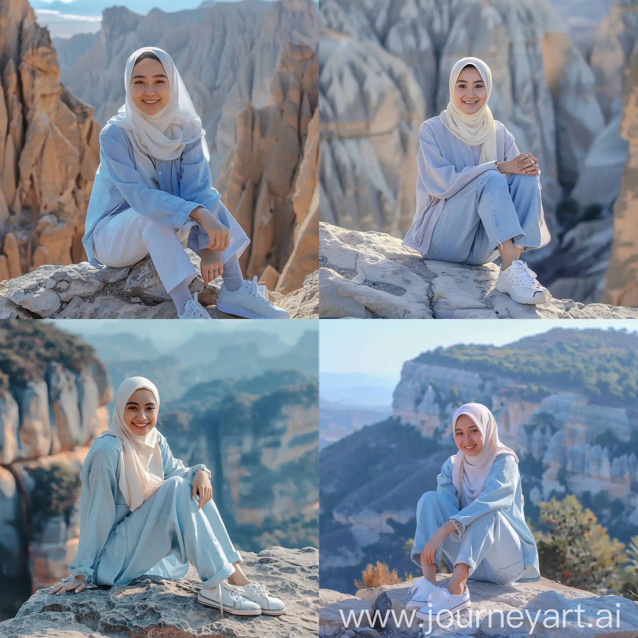 Seorang gadis remaja asia 20tahun mengenakan hijab putih pakaian biru muda sepatu putih duduk diatas bebatuan latar belakang sebuah pemandangan gunung dan tebing ekpresi tersenyum
