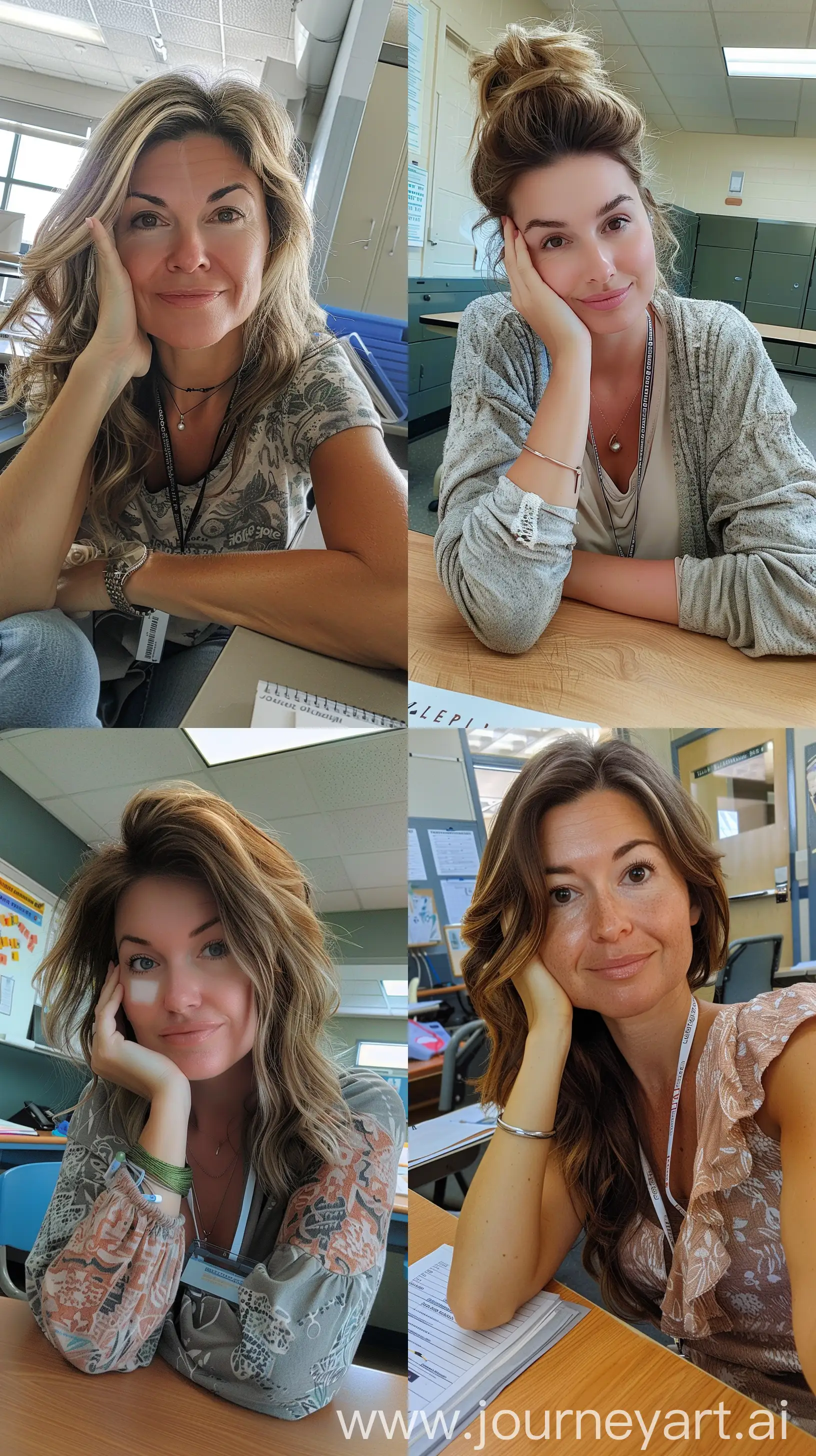 Typical elementary school teacher taking a selfie at her desk, super model face, casual clothes, hand resting on cheek, lanyard around neck, close up selfie, wide set, profile throw face away in room --ar 9:16