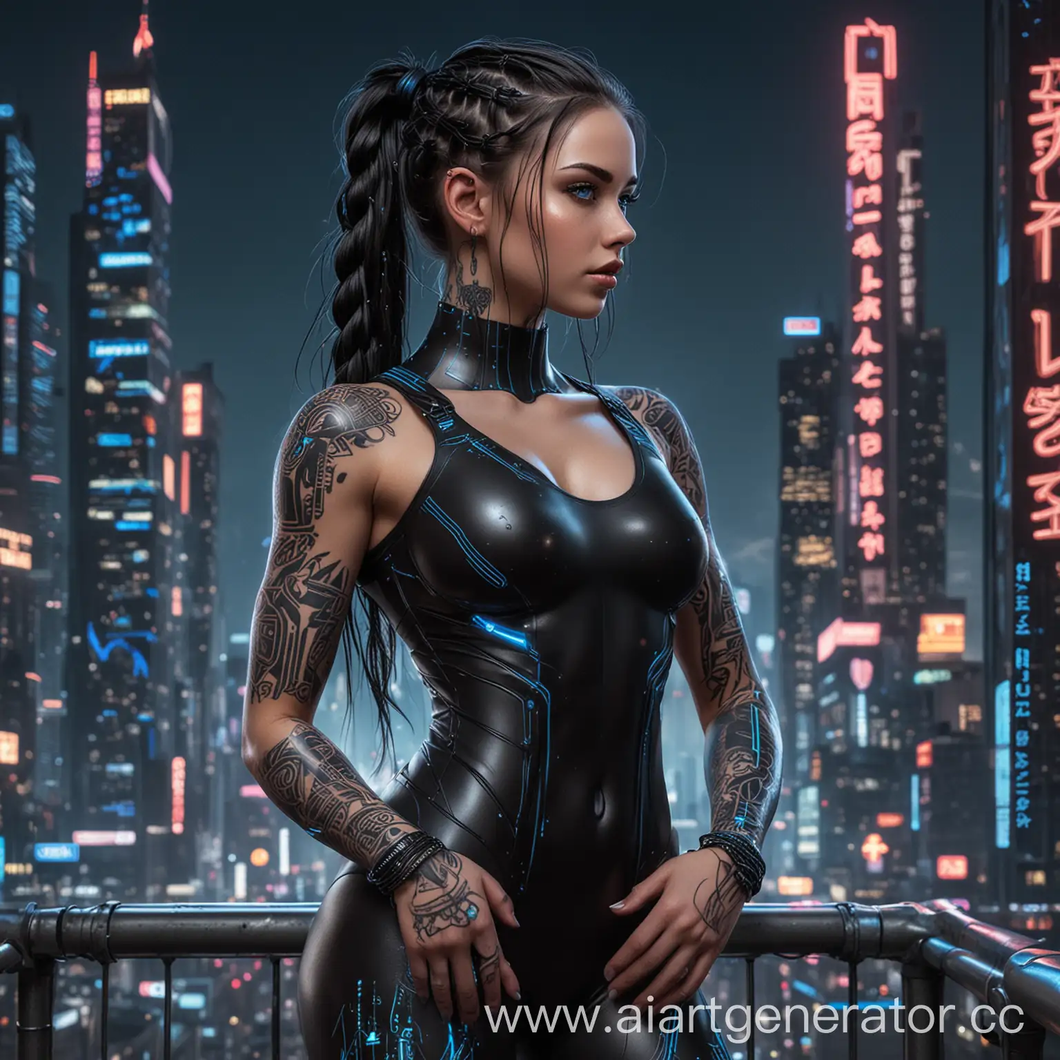 A young woman in her mid-20s, with long black hair styled in braids or a ponytail. She has bright blue eyes that glow in the dark. girl in full height. She is wearing a form-fitting black bodysuit with neon accents, highlighting her athletic figure and cybernetic enhancements. She has a neural interface on her temple, cybernetic enhancements on her arms, and glowing tattoos on her body that change color and pattern depending on her mood and activity. Her expression is confident and determined, with a hint of rebelliousness. The background is a futuristic cityscape at night, with towering skyscrapers and neon signs.
