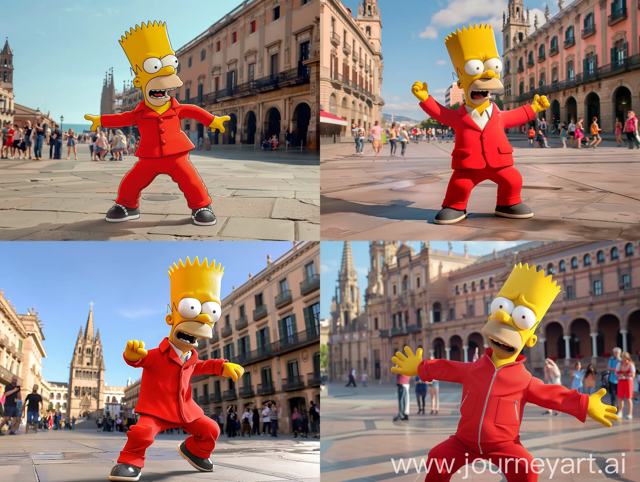 Bart Simpson, photorealistic in an immaculate red suit is dancing wildly on the main square of Barcelona, people watching transfixed, cinematic, realistic