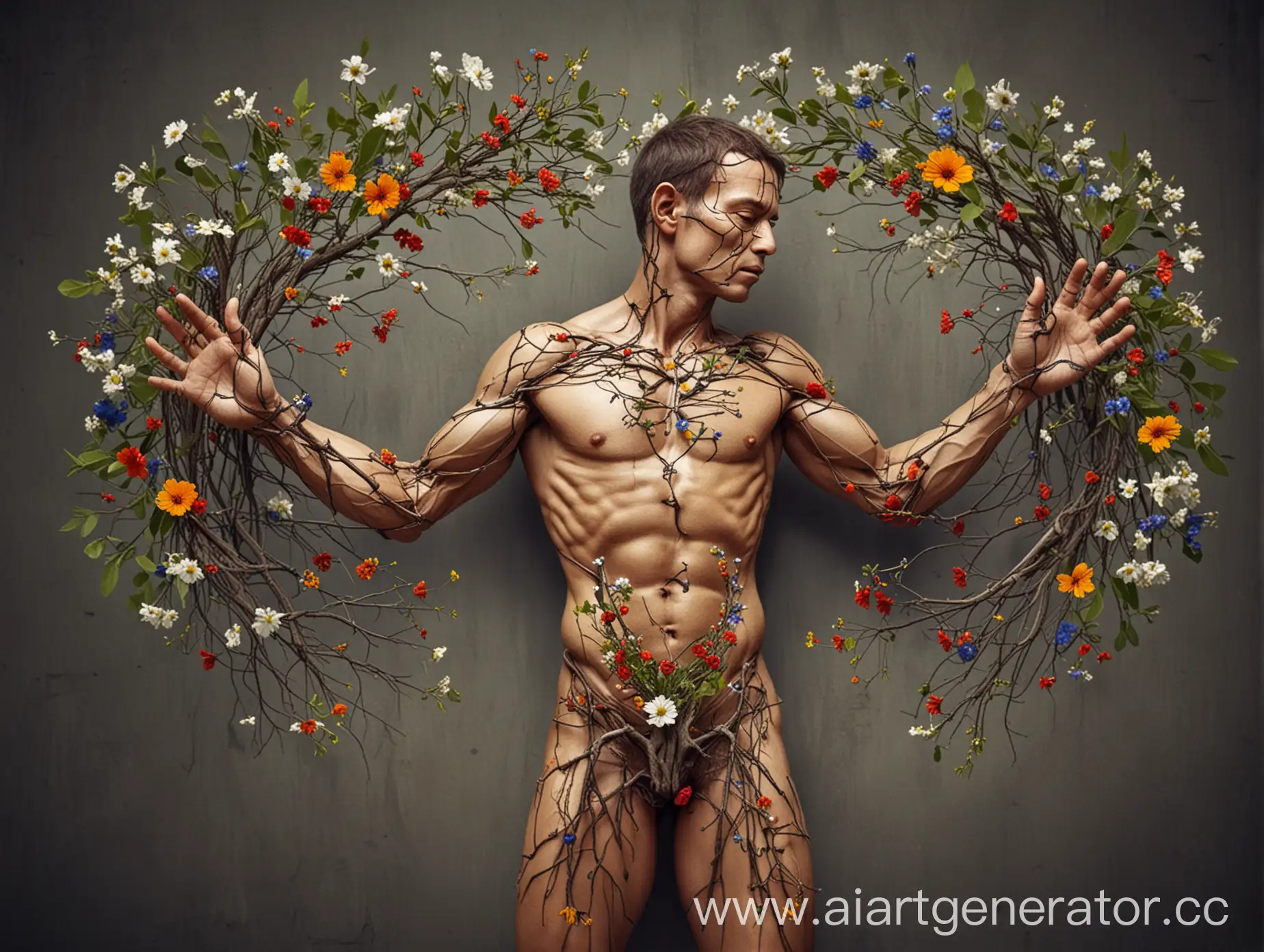 A strong man uses hands made of branches and flowers to protect (human) kidneys 
