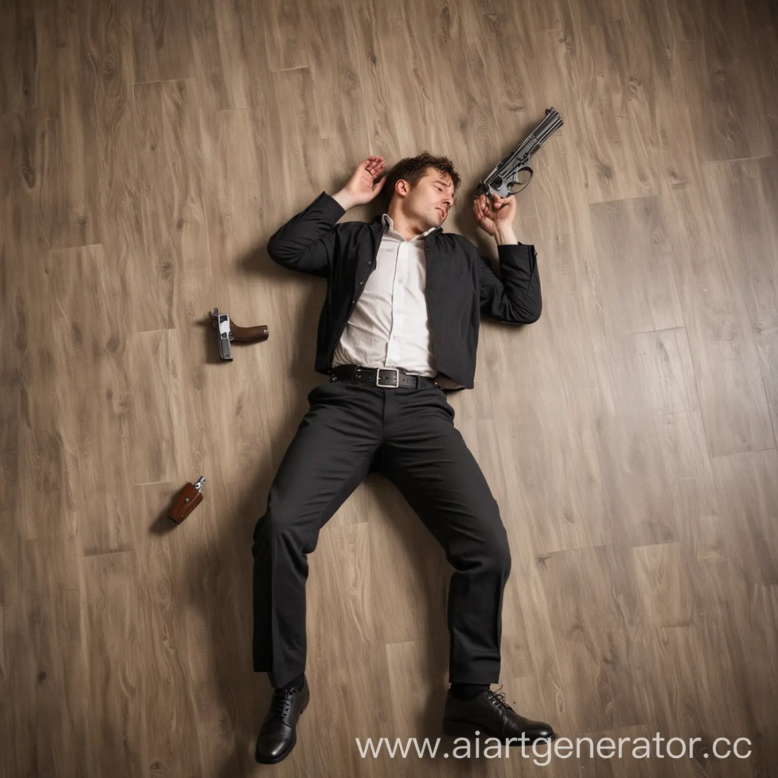 Человек который лежит на полу и у него у веска пистолет
