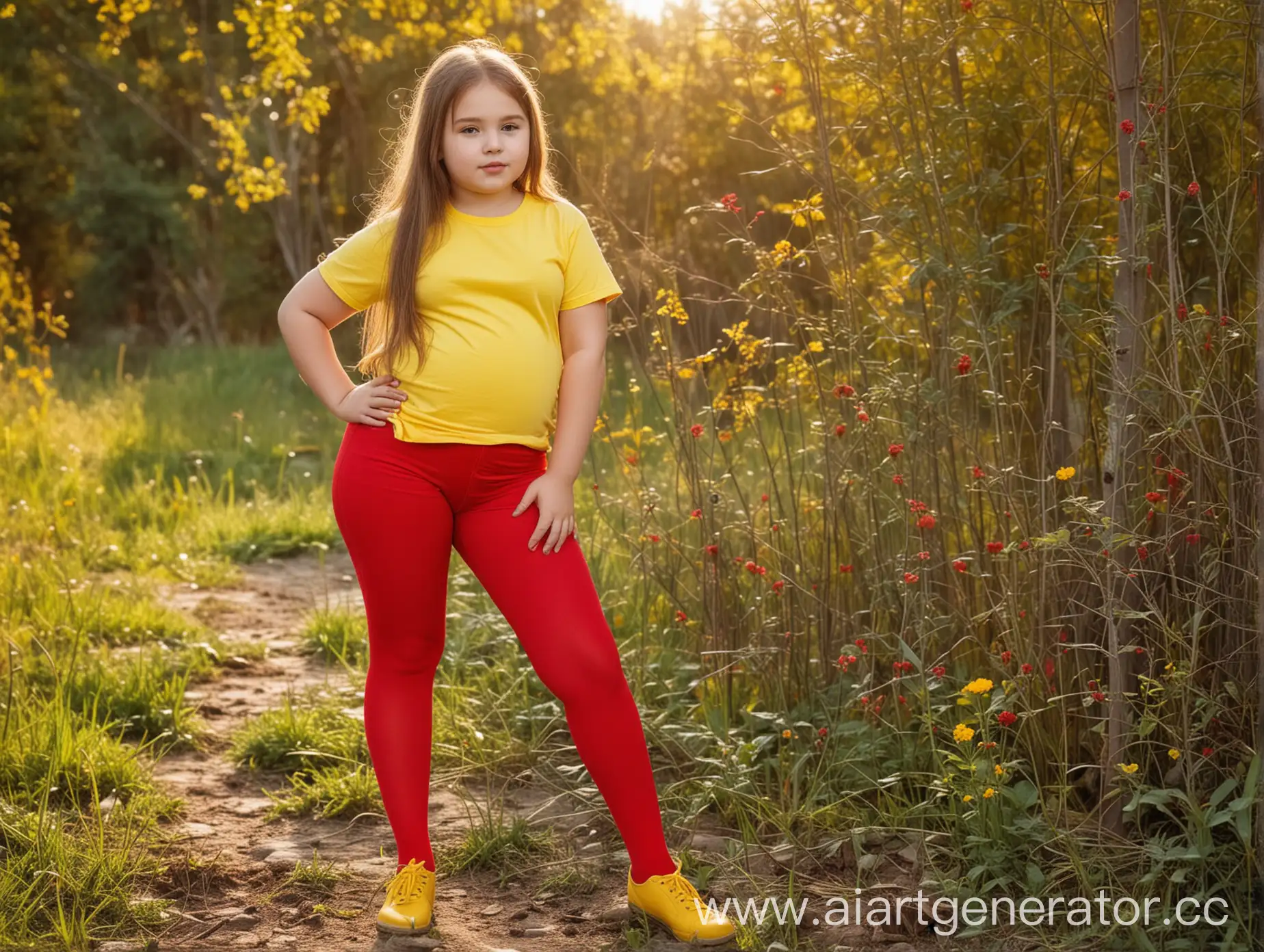 Plump-Preteen-Girl-in-Red-Denim-Shorts-and-Tights-Standing-in-Nature