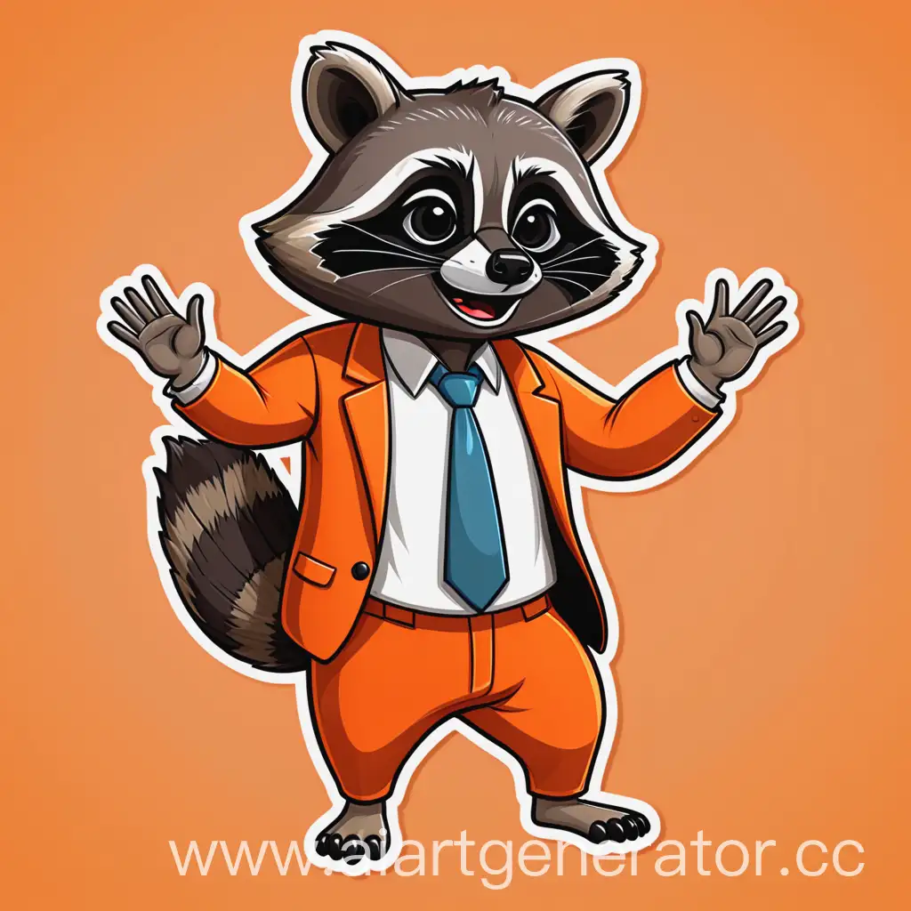 Friendly-Raccoon-Wearing-Orange-Suit-Cute-Cartoon-Sticker-Character