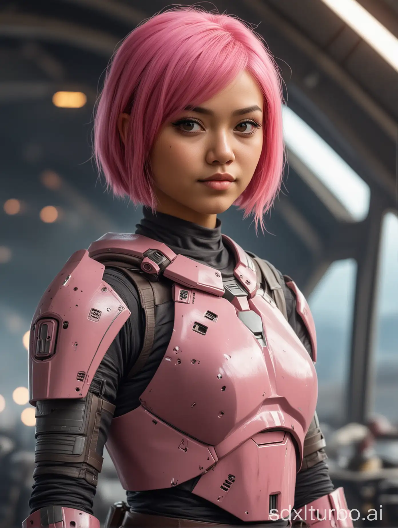 Mandalorian girl, 16-years-old, southeast Asian, short pink hair, at a spaceport