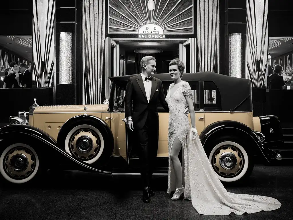 A yellow 1920s Rolls Royce at night art deco man dressed tuxedo  and woman dressed white evening gown  coming out of  a 1920s night club 
