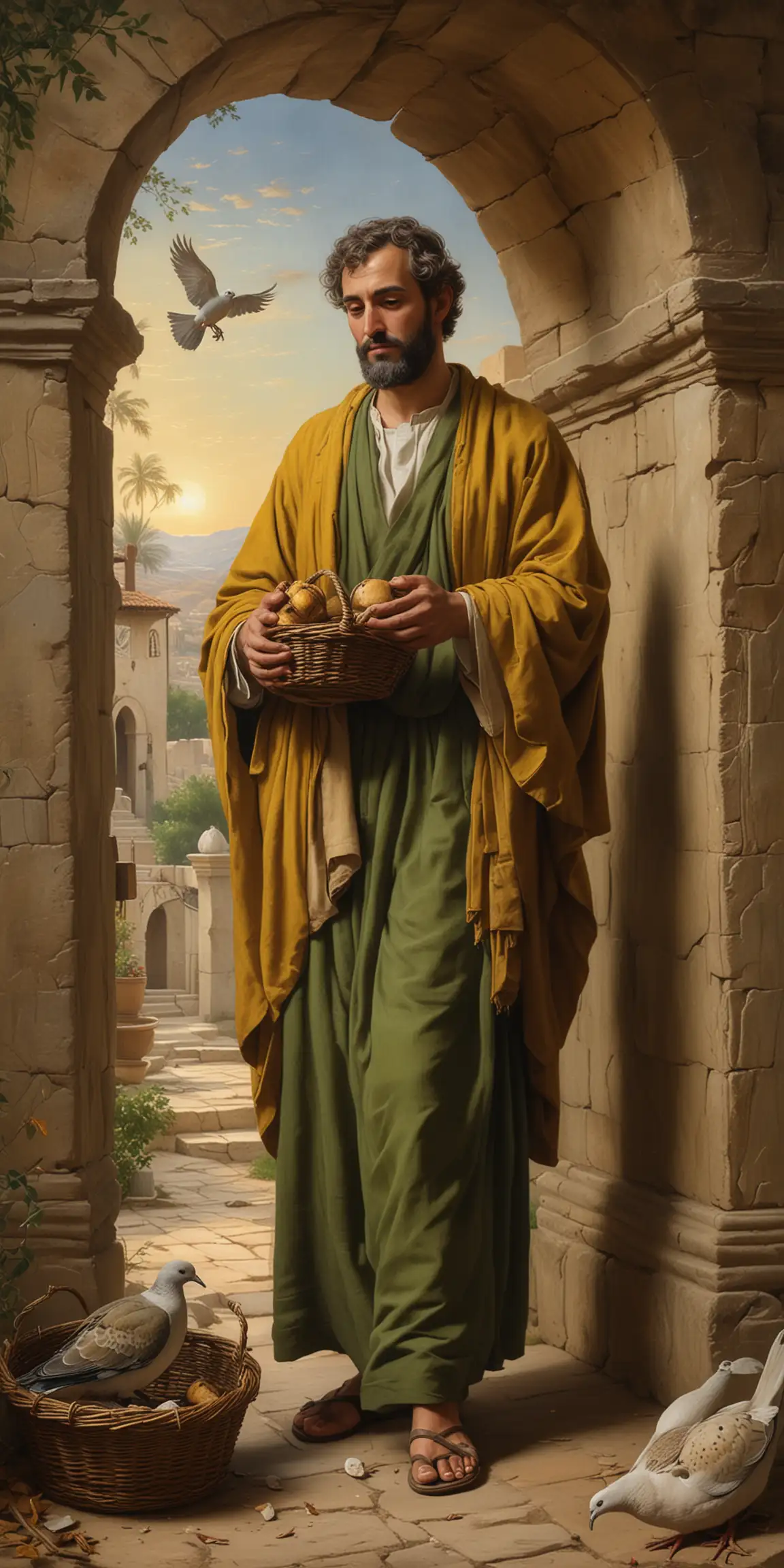 The painting depicts Saint Joseph. The scene is set within the temple, suggested by the arched stone doorway and the worn stone walls.

Central Figure

Saint Joseph: We are seeing the left-side-view of Saint Joseph who is a very handsome young man in his early thirties with short black curly hair and a short black beard, standing wearing sandals, wearing a dark yellow mantle over a green robe. He holds two turtledoves in a low wicker basket in one hand and a staff in the other hand.

Additional Details: 
The Temple Setting: The background features a group of men, possibly other priests or Levites, observing the event. The warm, earthy tones of the painting and the play of light and shadow create a sense of solemnity and reverence.
Symbolism:  The turtledoves held by Joseph symbolize sacrifice and purification.
Overall Impression:

The painting captures the emotional intensity and spiritual significance of the subject The expression of the figure, the symbolism, and the setting all contribute to a powerful depiction of this pivotal event.
