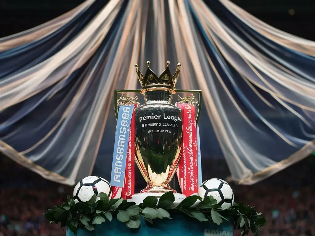 a premier league trophy with a veil in the background