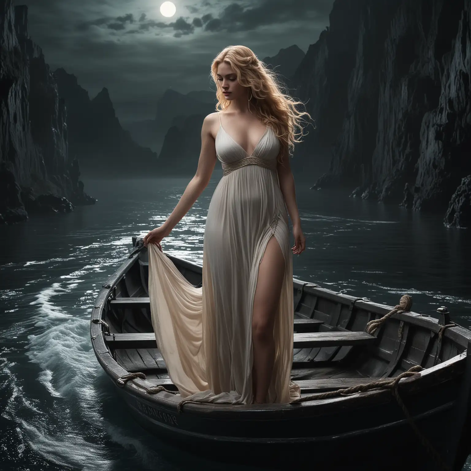 Persephone with blonde hair and a curvy figure on the boat of Charon crossing into the hades during a dark night of the soul