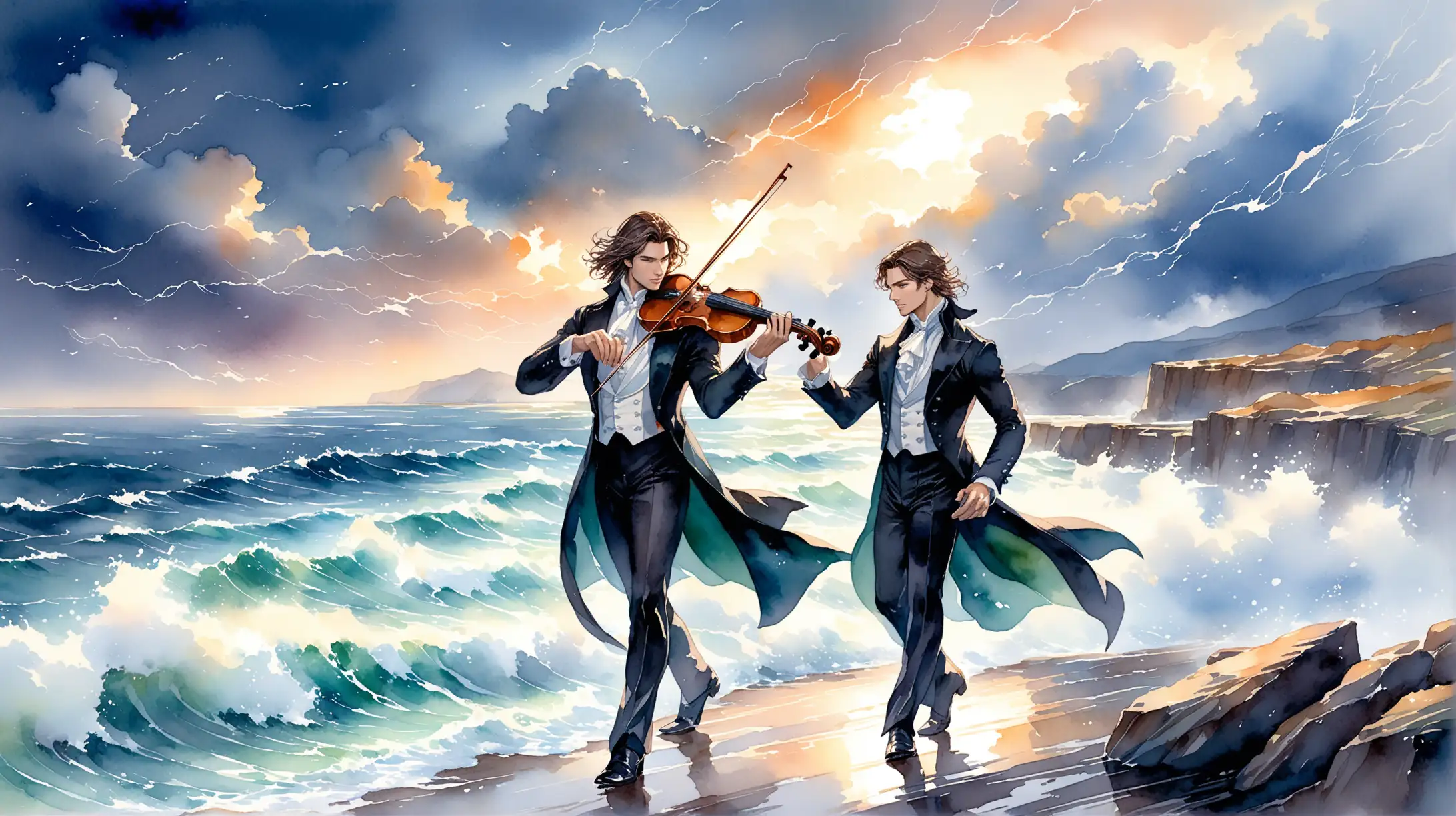 нарисовано акварелью, шторм, скалистый берег моря, красивый мужчина скрипач стоит рядом с красивым мужчиной пианистом, оба во фраках, музыка, полет, ветер, фентези, вдохновение