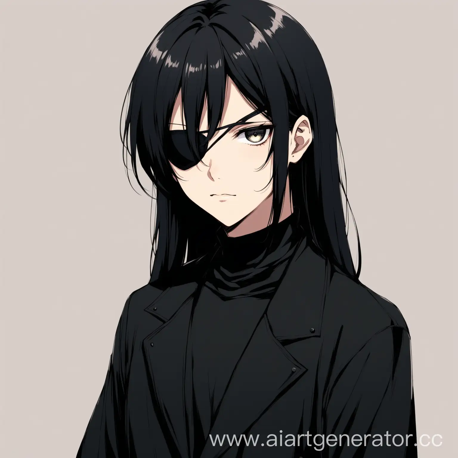 Anime guy who looks like a girl with straight black hair and black clothes with an eye patch looks forward