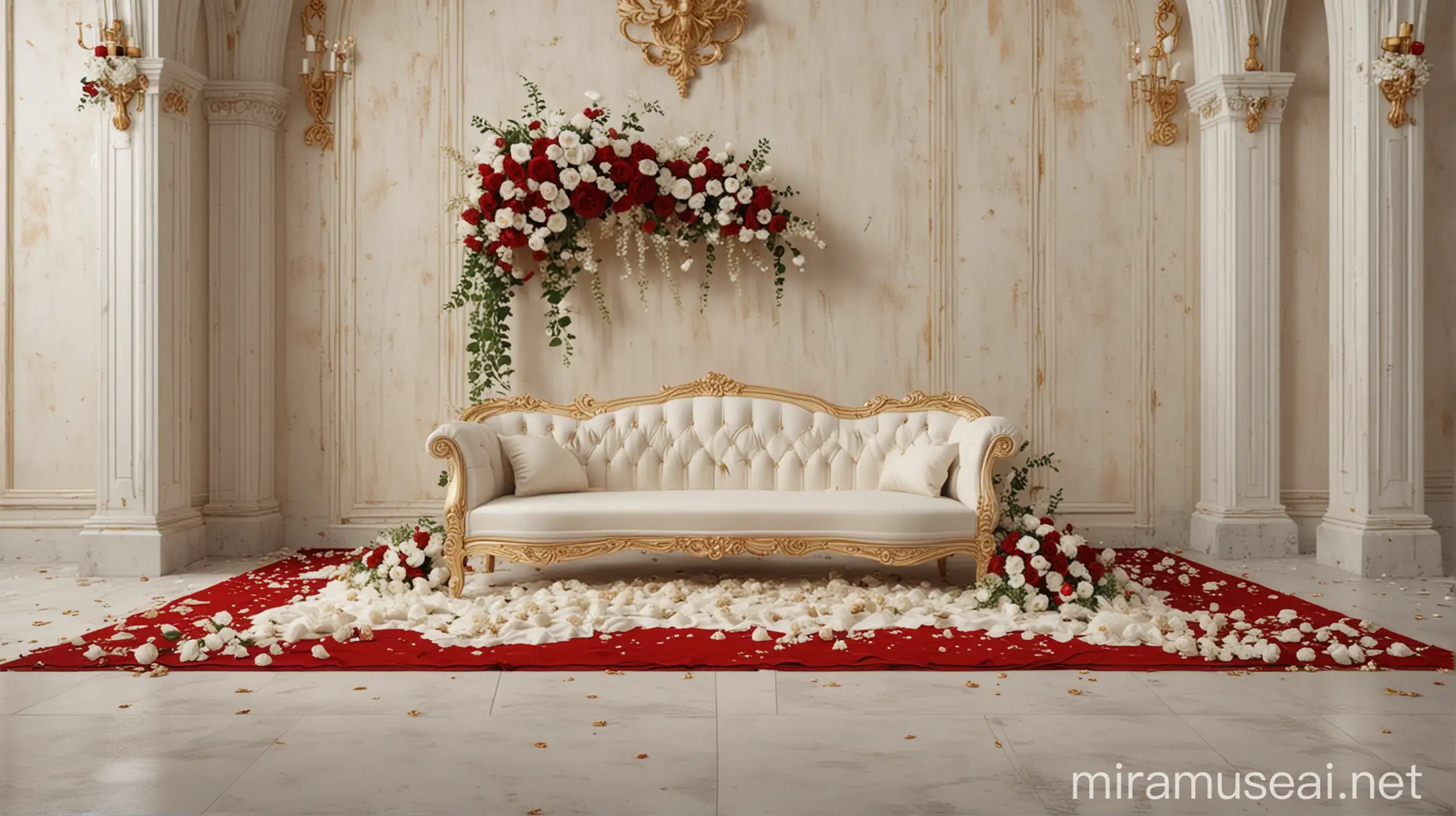 wedding gothic wall theme cream white red floor and gold accessory  whie flower,luxury style realistic 4k
