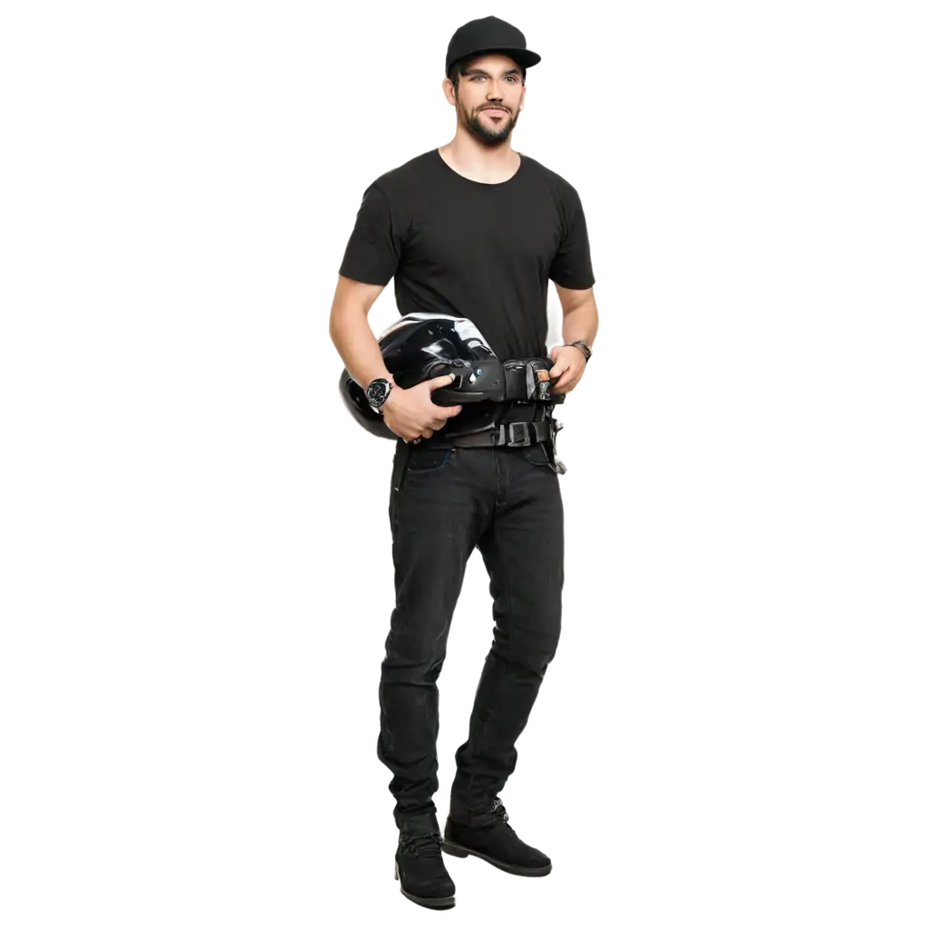 draw me a picture of a motorcyclist who gets off his motorbike and then carries a helmet on his waist