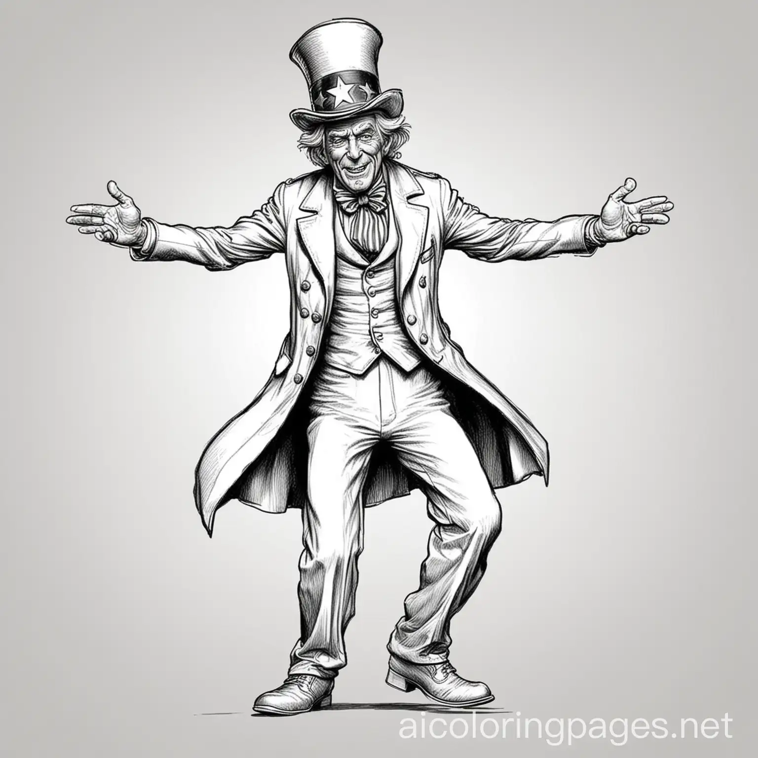 uncle Sam  whole body pose doing dance move with crazy look on face
old limped over Coloring Page, black and white, line art, white background, Simplicity, Ample White Space. The background of the coloring page is plain white to make it easy for young children to color within the lines. The outlines of all the subjects are easy to distinguish, making it simple for kids to color without too much difficulty, Coloring Page, black and white, line art, white background, Simplicity, Ample White Space. The background of the coloring page is plain white to make it easy for young children to color within the lines. The outlines of all the subjects are easy to distinguish, making it simple for kids to color without too much difficulty