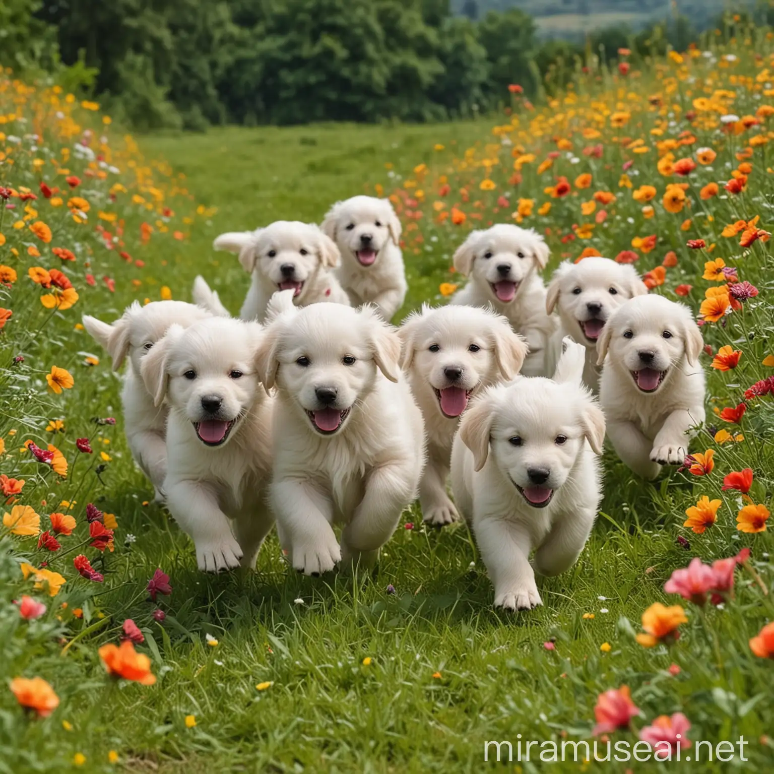 Playful White Golden Retriever Puppies Running in FlowerFilled Meadow