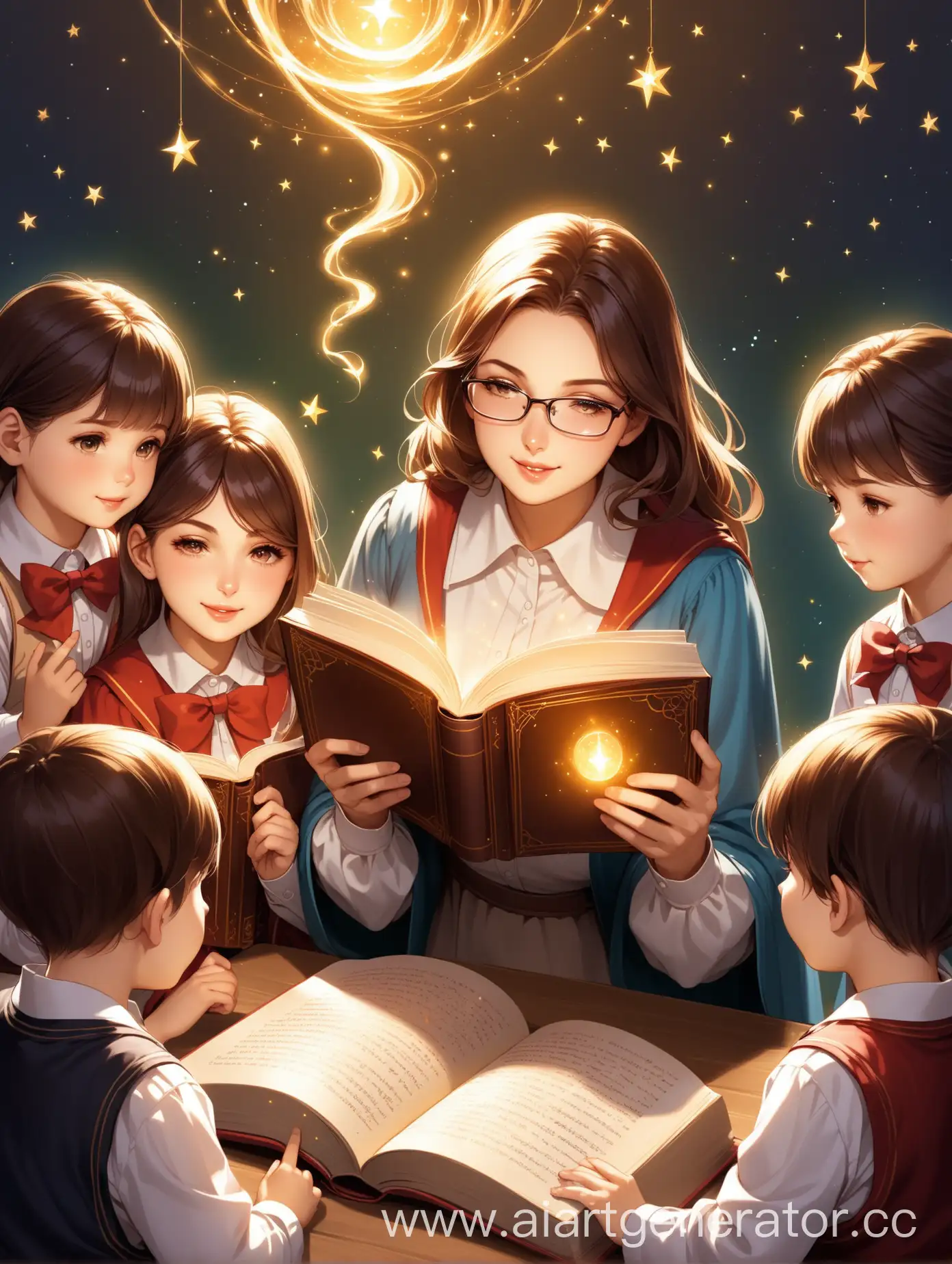 учитель с детьми читает книгу волшебство