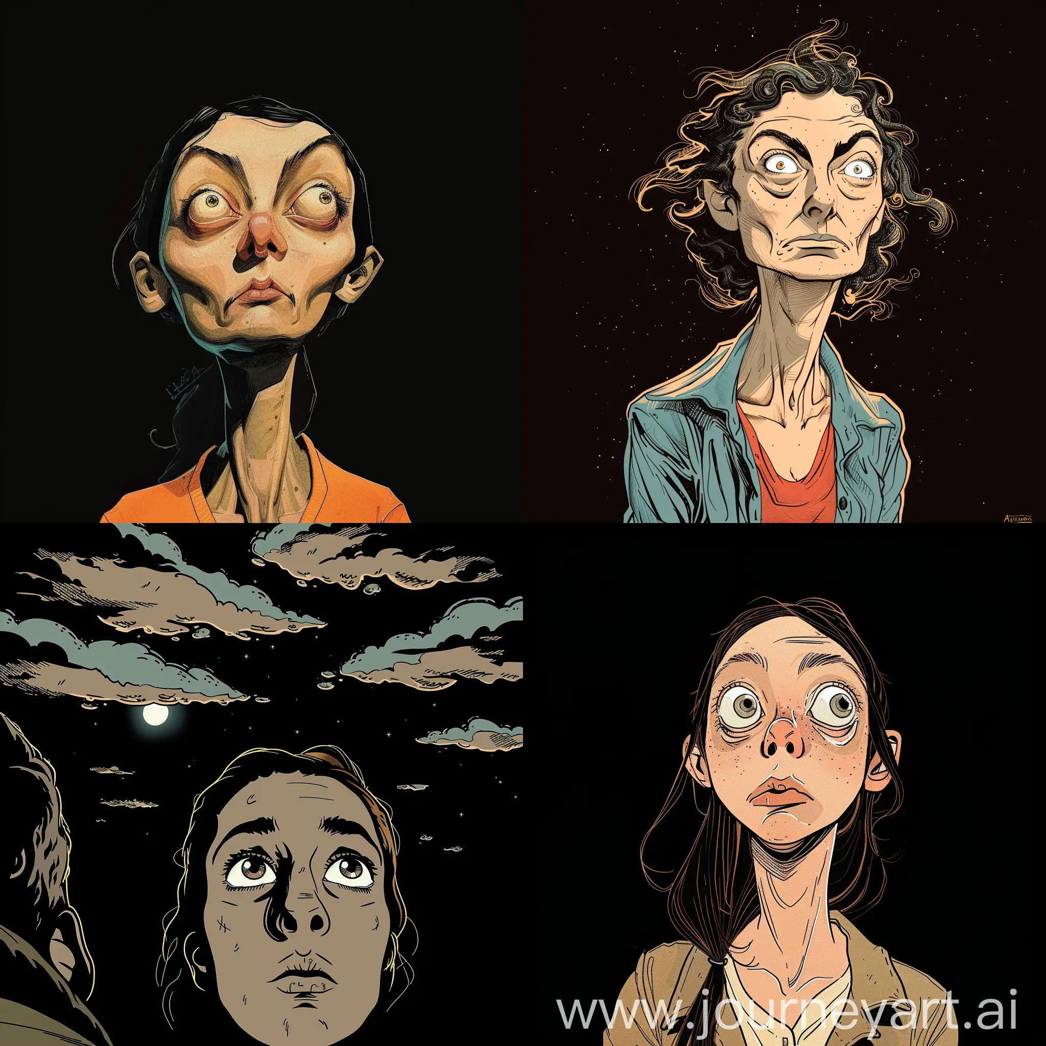 illustration of a cartoon caricature portrait woman, looking at me, symmetric eyes in the style of tomer hanuka, ad posters, roland topor, detailed skies, argus c3, januz miralles, heavy inking man in the style of Jae Lee,  black background