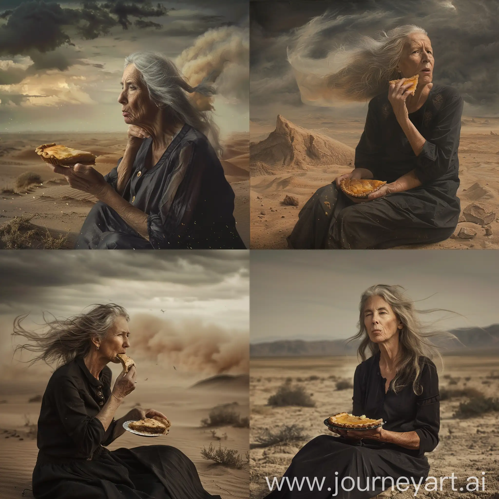 a middle aged woman sits alone in the desert, the wind is blowing and the desert is a wasteland, in the woman's hand is a slice of pie that she is devouring
