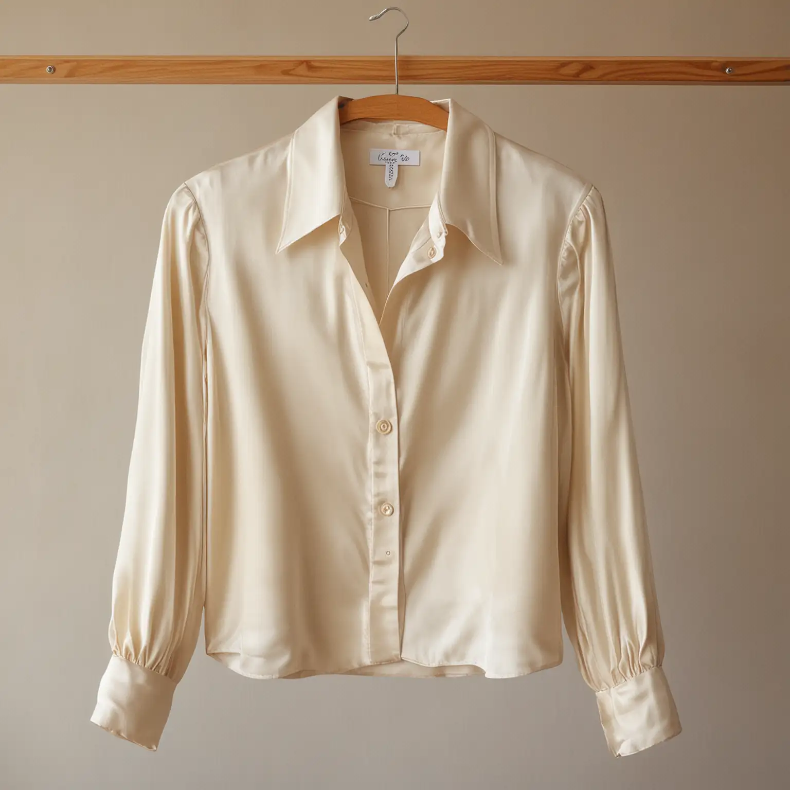 ivory silk blouse with long sleeves, fully unbuttoned, hung on a hanger on a coat rack