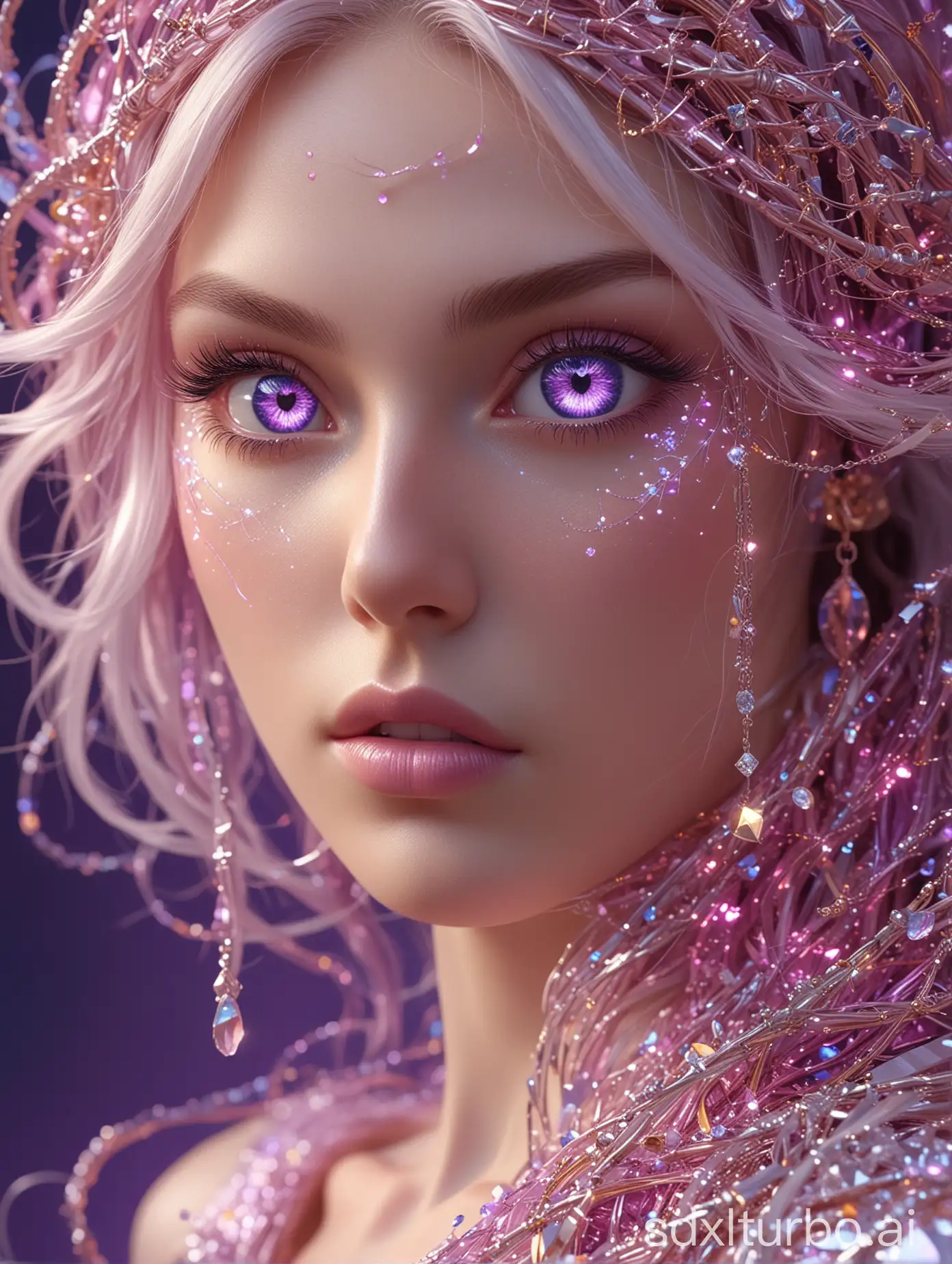 (venus,goddess),(pink and white entanglement),Masterpiece, beautiful details,  uniform 8K wallpaper, high resolution,perfect light,glowing eye,(purple and golden entanglement), (crystal and silver entanglement),Crystal Blue