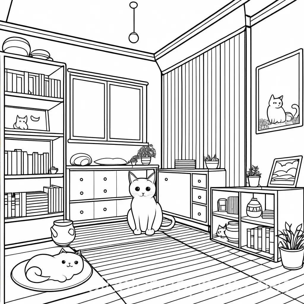 Cosy kawaii room with a cat, Coloring Page, black and white, line art, white background, Simplicity, Ample White Space. The background of the coloring page is plain white to make it easy for young children to color within the lines. The outlines of all the subjects are easy to distinguish, making it simple for kids to color without too much difficulty