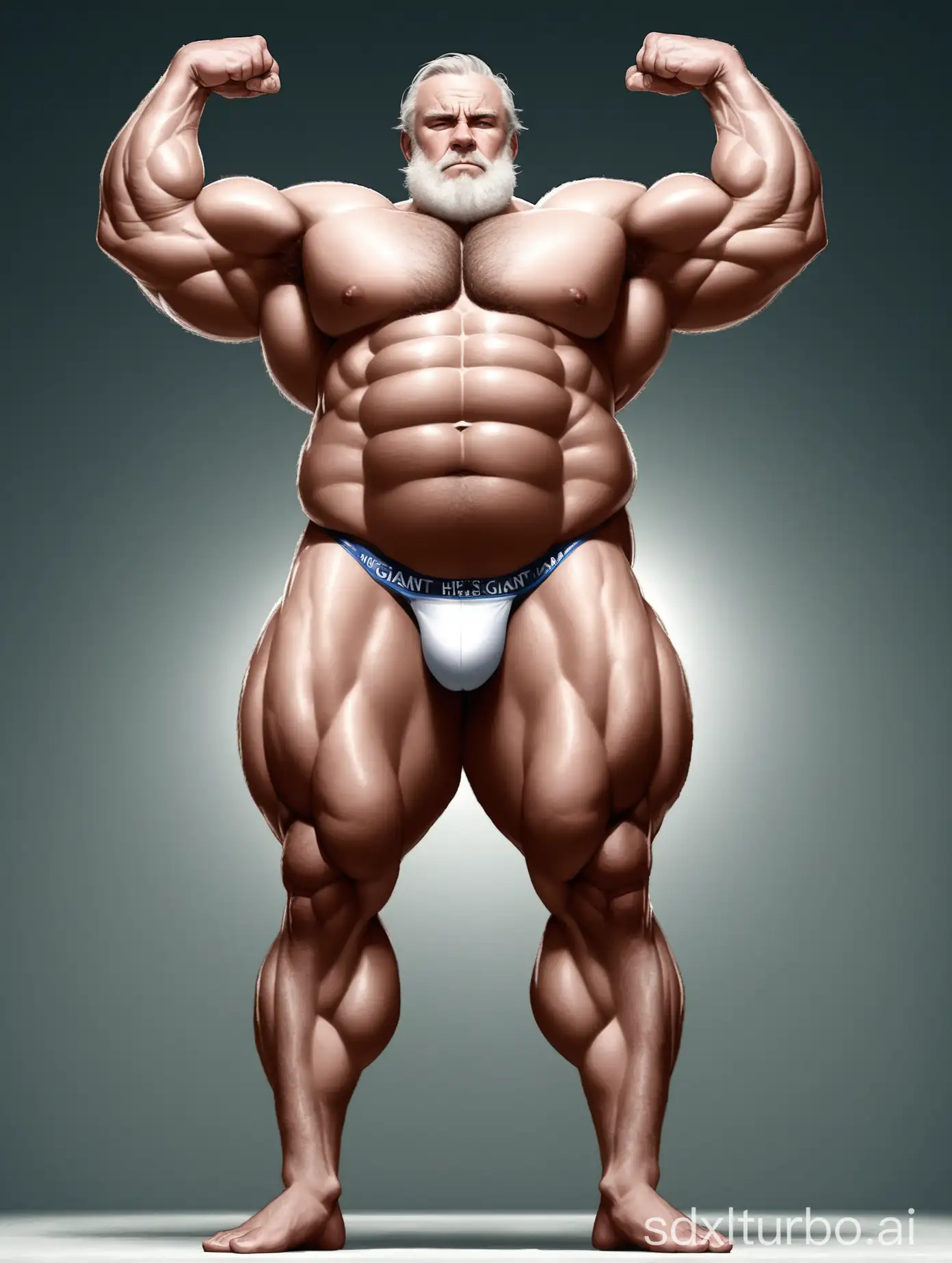 White skin and massive muscle stud, full bodyhair, Huge and giant and Strong body, Very strong legs, 2m tall, very Big Chest, very Big biceps, very 8-pack abs, Very Massive muscle Body, Wearing underwear, he is giant tall, very fat, very fat, Full Body, very long strong legs, raise his arms to show his huge biceps, raise his arms to show his huge biceps, very old man, very handsome men.