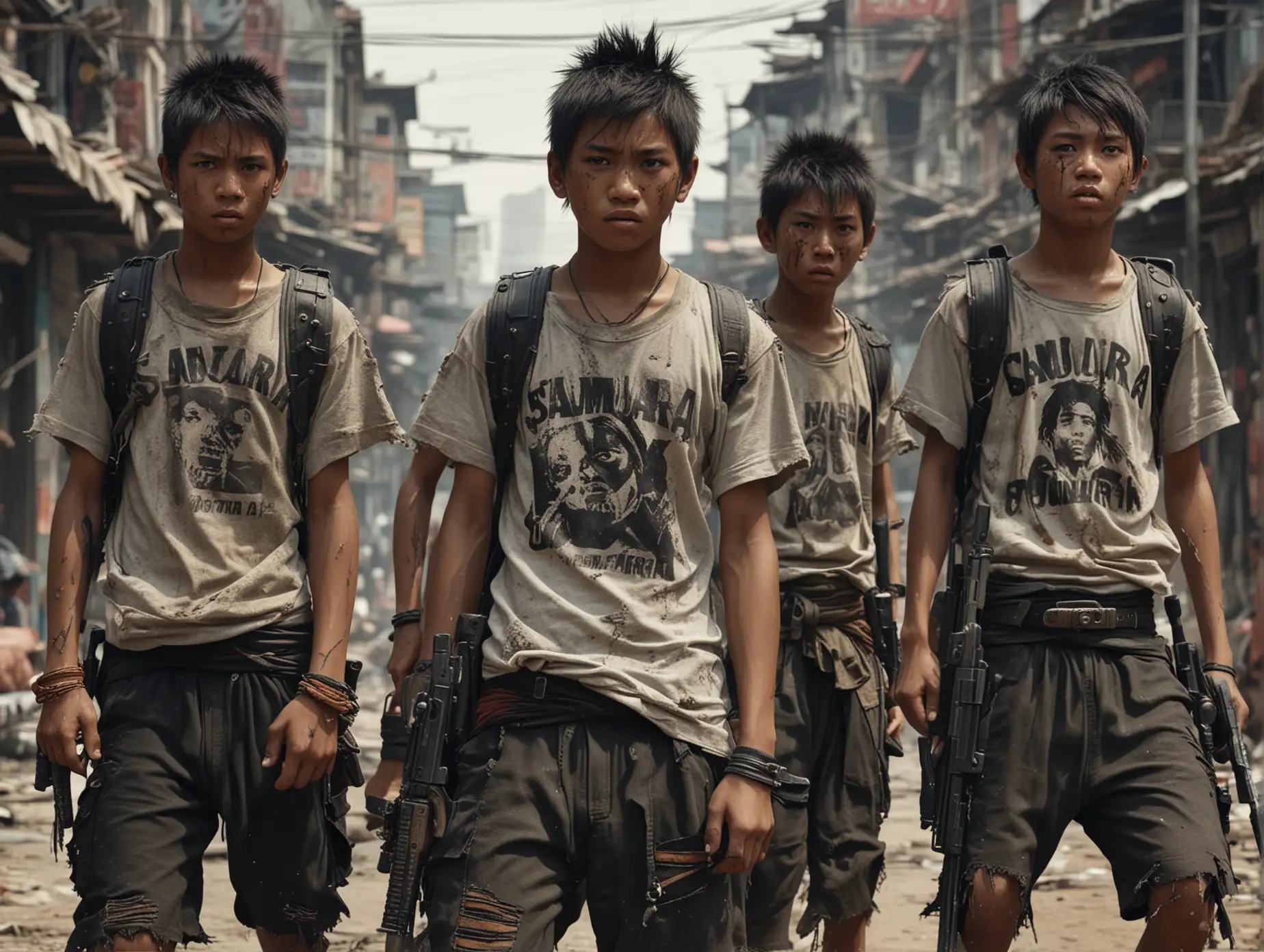 long shot, ultra detailed, high resolution, 4 Indonesian boys (random face) wearing (random torn dirty  t-shirts and torn dirty shorts), carrying machine guns, carrying AK 47,((1 boy carrying a samurai)), very detailed. UHD 32k. defiant poses and angry expressions, cybertown background and chaotic, humanoid, population (bottom view).