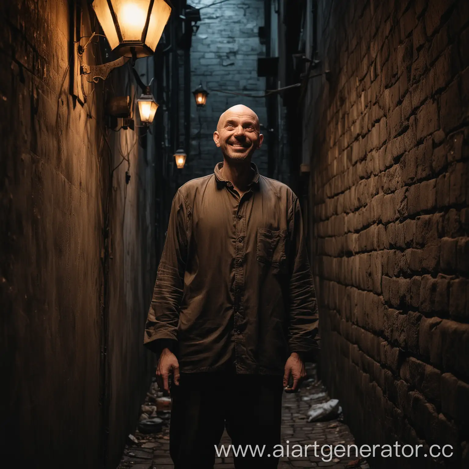 Tall-Bald-Man-Smiling-in-Dark-Alley-Lit-by-Lantern