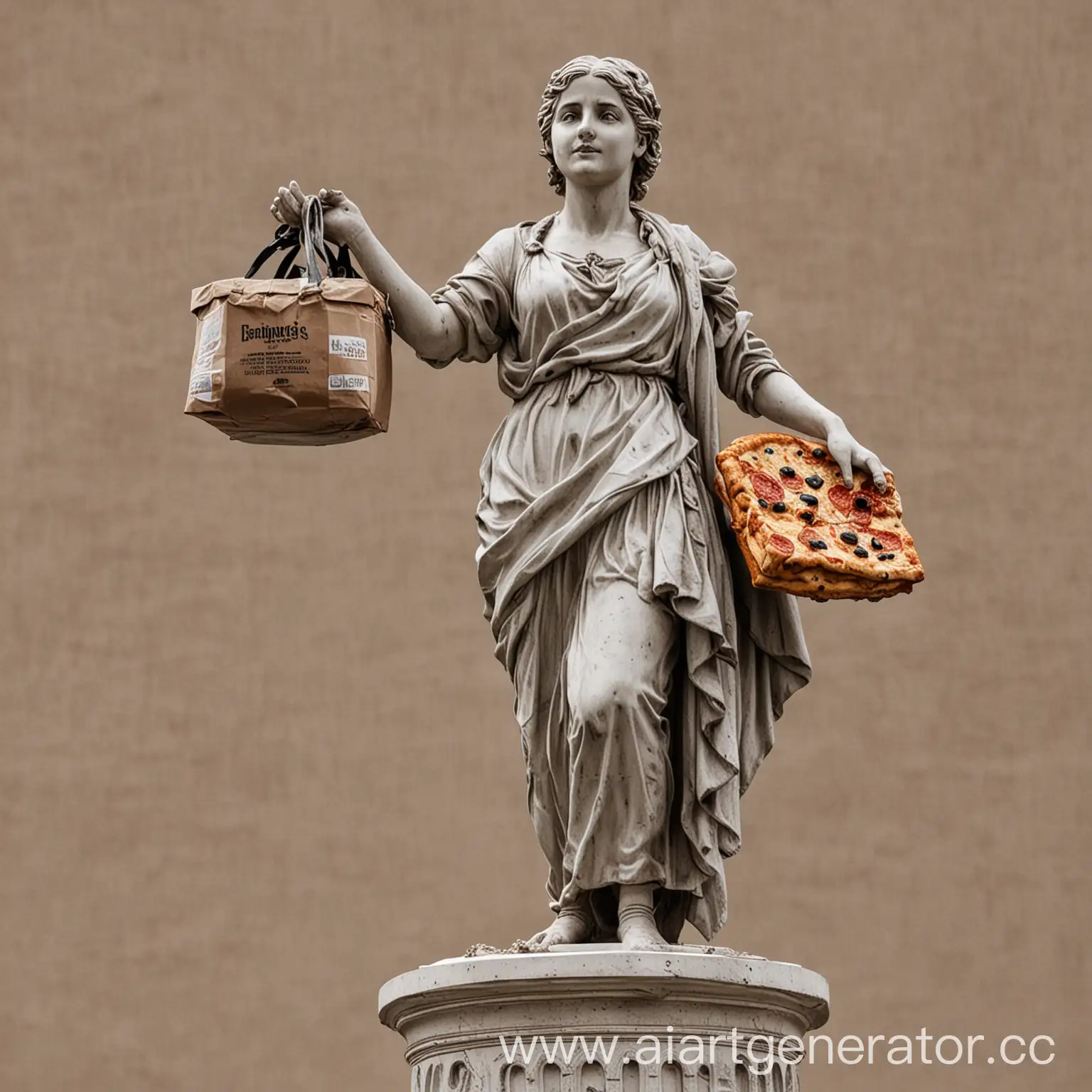 A statue of a woman on a high pedestal with a large bag on her shoulder and a box of pizza in her hands