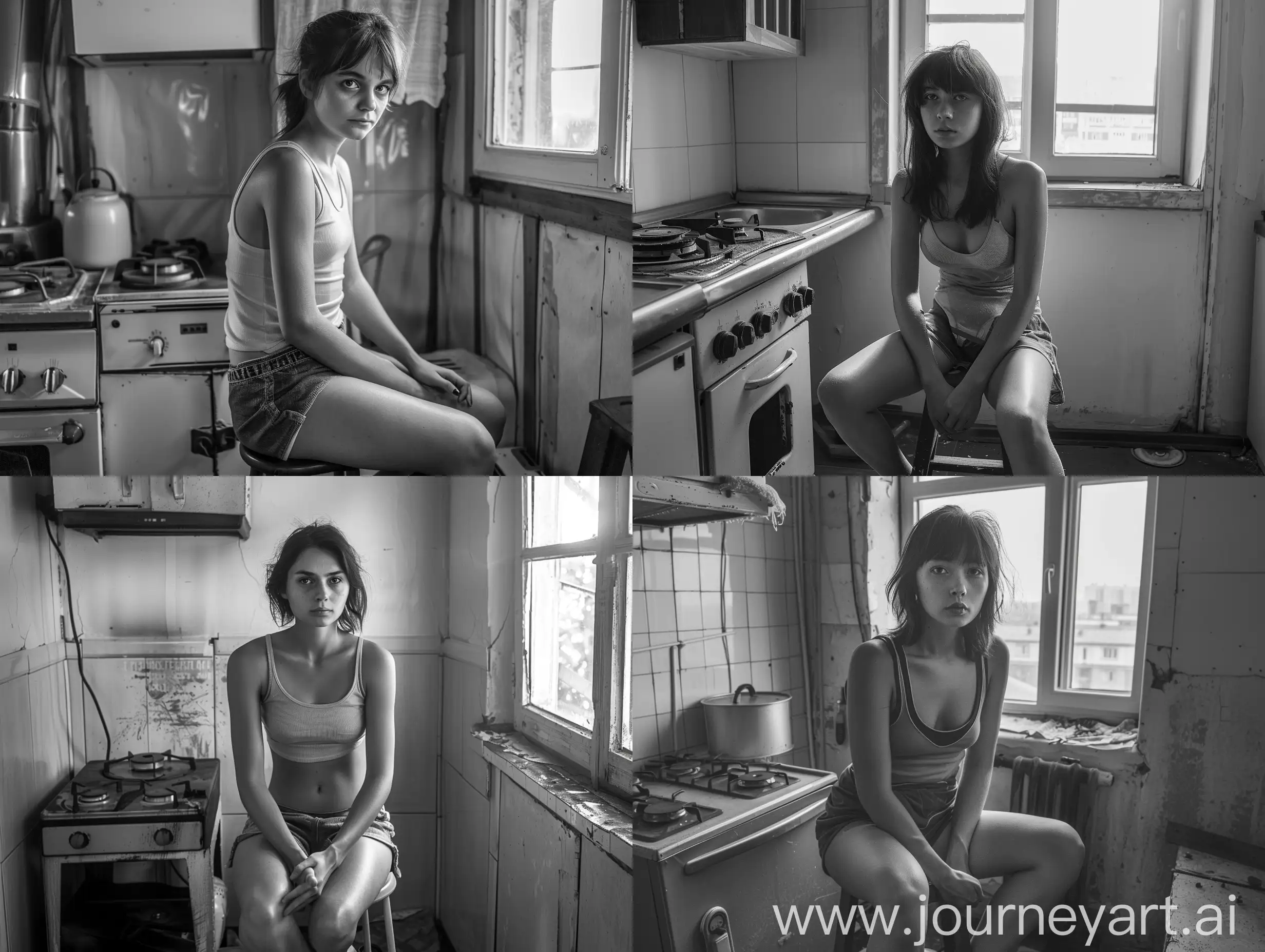 Девочка в майке и шортах сидит лицом к зрителю на табурете в маленькой советской кухне, слева от неё газовая плита, справа - окно. Выражение лица задумчивое с лёгкой улыбкой. Смотрит в камеру. Фотография высокого качества, 4K.