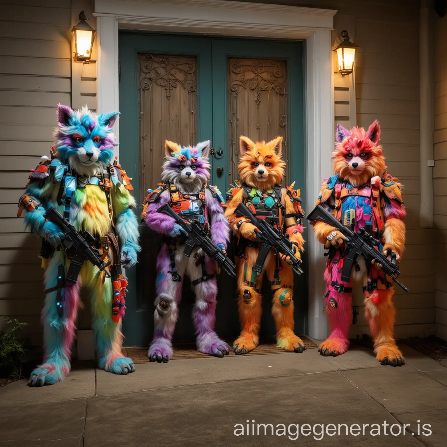 Colorful-Furries-Guarding-Glowing-Door-with-Miniguns