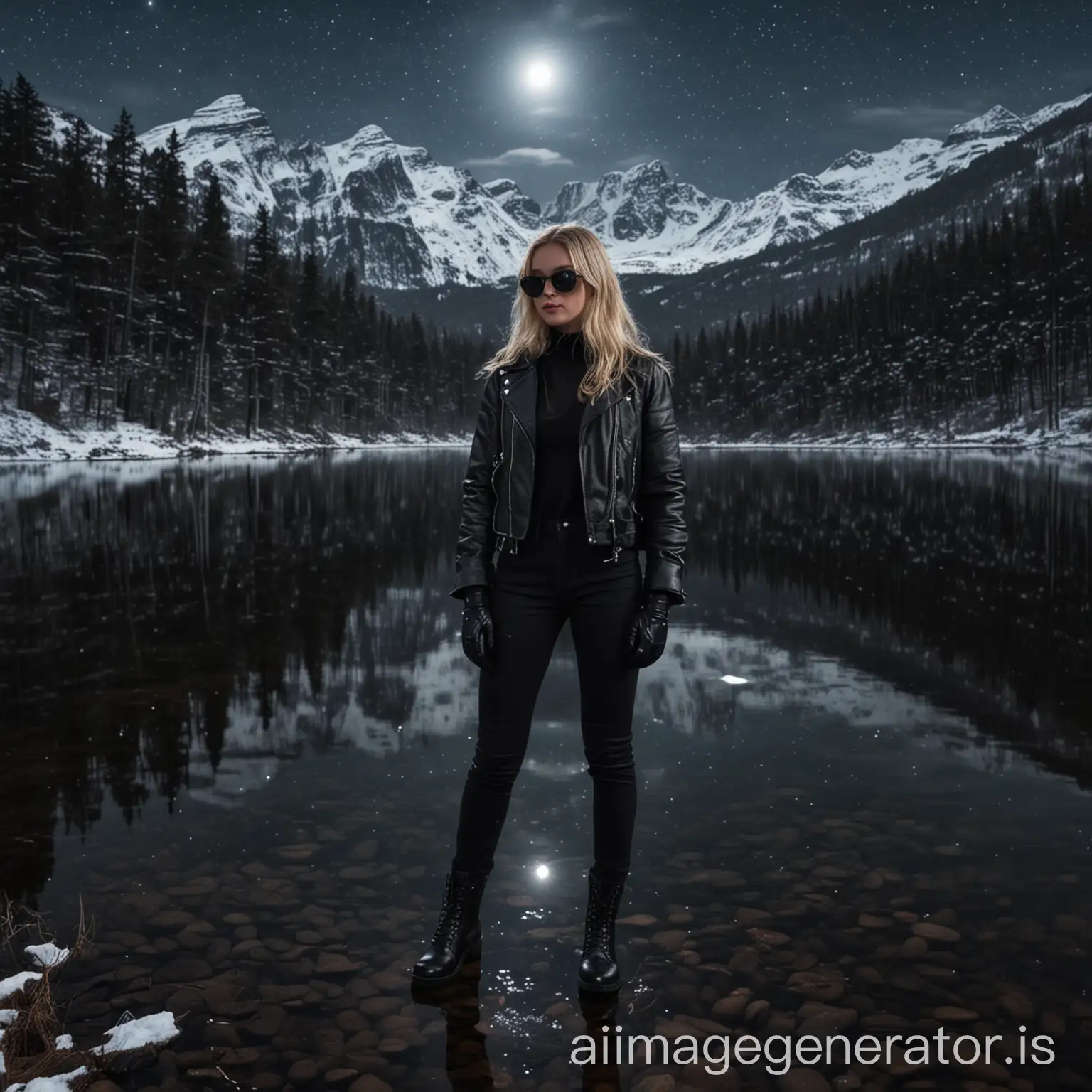 A young blonde girl of 19, wearing black pants, a black jacket, black sunglasses, black gloves and black ankle boots, stands in front of a lake in a dark forest at night. A snow-covered mountain is in the background. The moon and stars are visible in the sky.
