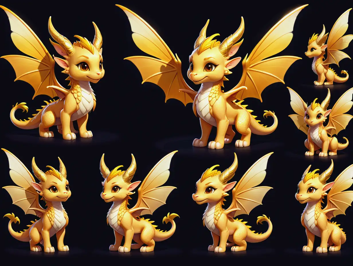 a sprite sheet featuring different poses of an adorable fey dragon with golden brown eyes, fairy-like wings tinted yellow. The character should have a playful demeanor. Each pose should convey a different action or emotion, such as flying, laughing, sleeping, thinking, and smiling.  The background should be transparent to focus on the character’s design.