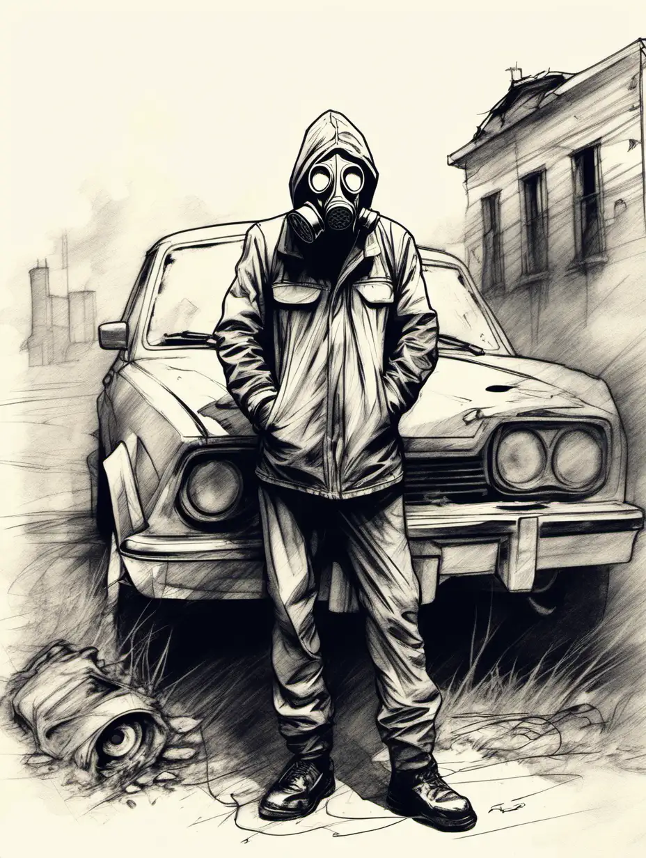 Man with Gas mask next to abandoned car sketch
