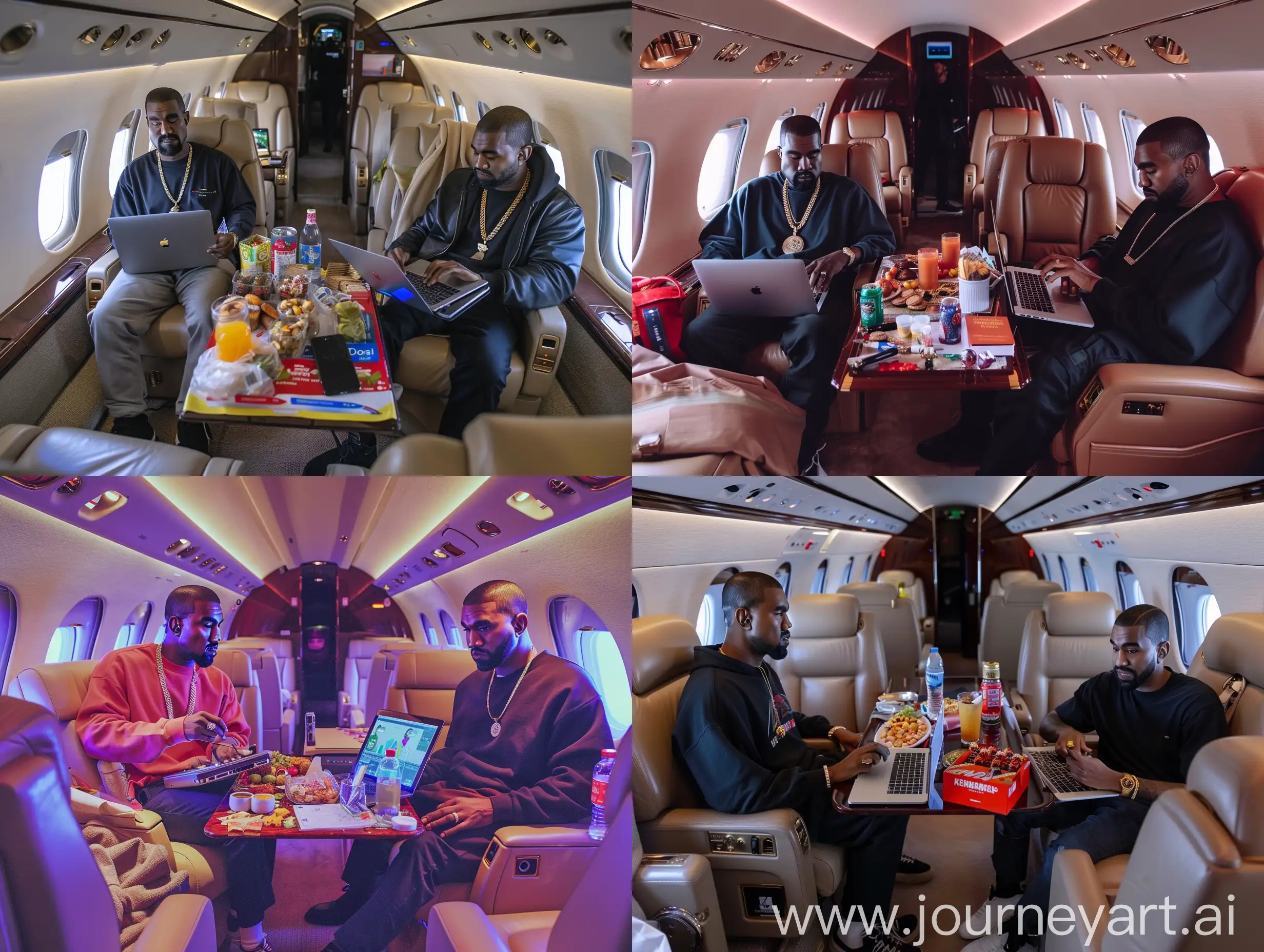 Kanye West and Drake in a private jet, flying to a major music award ceremony. They are seated in plush, leather seats, with a table between them covered in snacks, drinks, and laptops. Kanye is showing Drake some new beats on his laptop, while Drake listens intently and nods along. The interior of the jet is luxurious, with mood lighting and personalized service