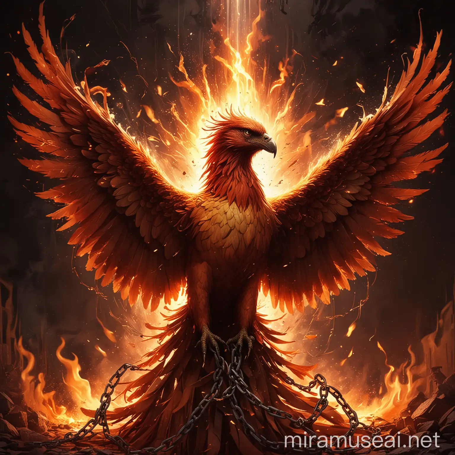 **Prompt for MidJourney:**

/imagine prompt: Create a powerful and emotionally evocative NFT artwork titled "Phoenix of Freedom". Depict a majestic phoenix breaking free from heavy, dark chains, symbolizing liberation from addiction. The phoenix should rise triumphantly, surrounded by bright, dynamic flames that symbolize rebirth and transformation. Ensure the phoenix’s feathers are meticulously detailed and radiant in colors of red, orange, and gold. The background should blend elements of darkness fading into light, representing hope and renewal. Highlight the breaking chains with sparks and fragments to emphasize the dramatic moment of liberation. Incorporate subtle symbols of addiction, such as shattered bottles or broken syringes, being left behind. Capture the emotional depth of the phoenix’s journey from bondage to freedom, evoking feelings of hope, resilience, and rebirth. The overall mood should be inspirational and uplifting. --v 5 --ar 16:9 --q 2 --style cinematic --no text