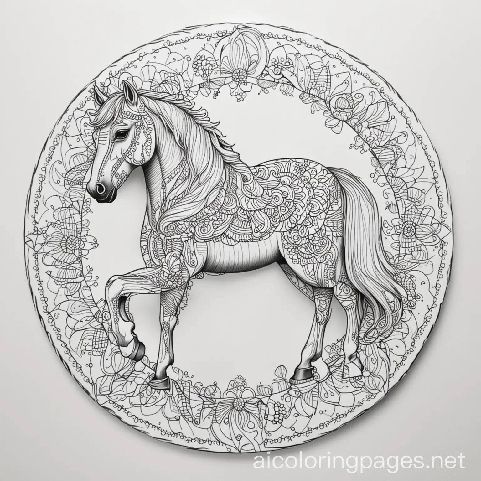 mandala horse, Coloring Page, black and white, line art, white background, Simplicity, Ample White Space. The background of the coloring page is plain white to make it easy for young children to color within the lines. The outlines of all the subjects are easy to distinguish, making it simple for kids to color without too much difficulty, Coloring Page, black and white, line art, white background, Simplicity, Ample White Space. The background of the coloring page is plain white to make it easy for young children to color within the lines. The outlines of all the subjects are easy to distinguish, making it simple for kids to color without too much difficulty