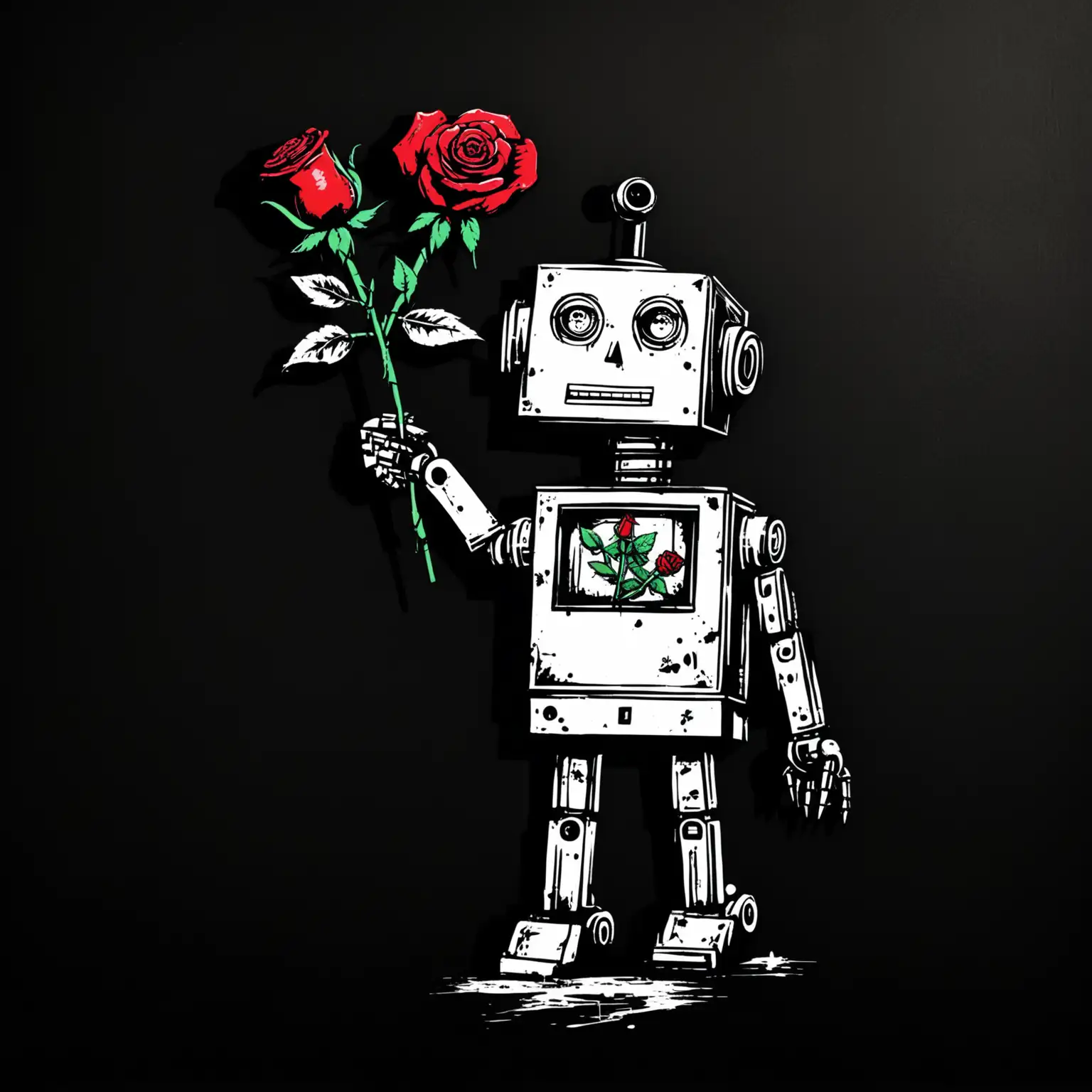 Create a design that is in the style of Banksy street art work. Place it on a flat black background. Include an robbie the robot robot holding a rose in the design.