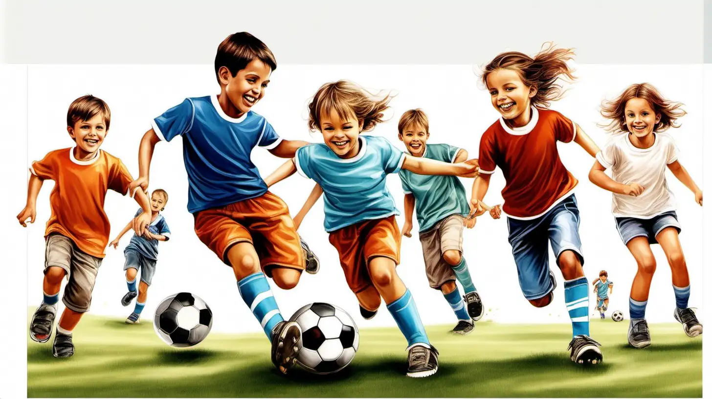 realistické ilustrace, usmívají se, rodiče, děti, kluci,  holky,  spolu hrají fotbal a soutěží,  bílé pozadí