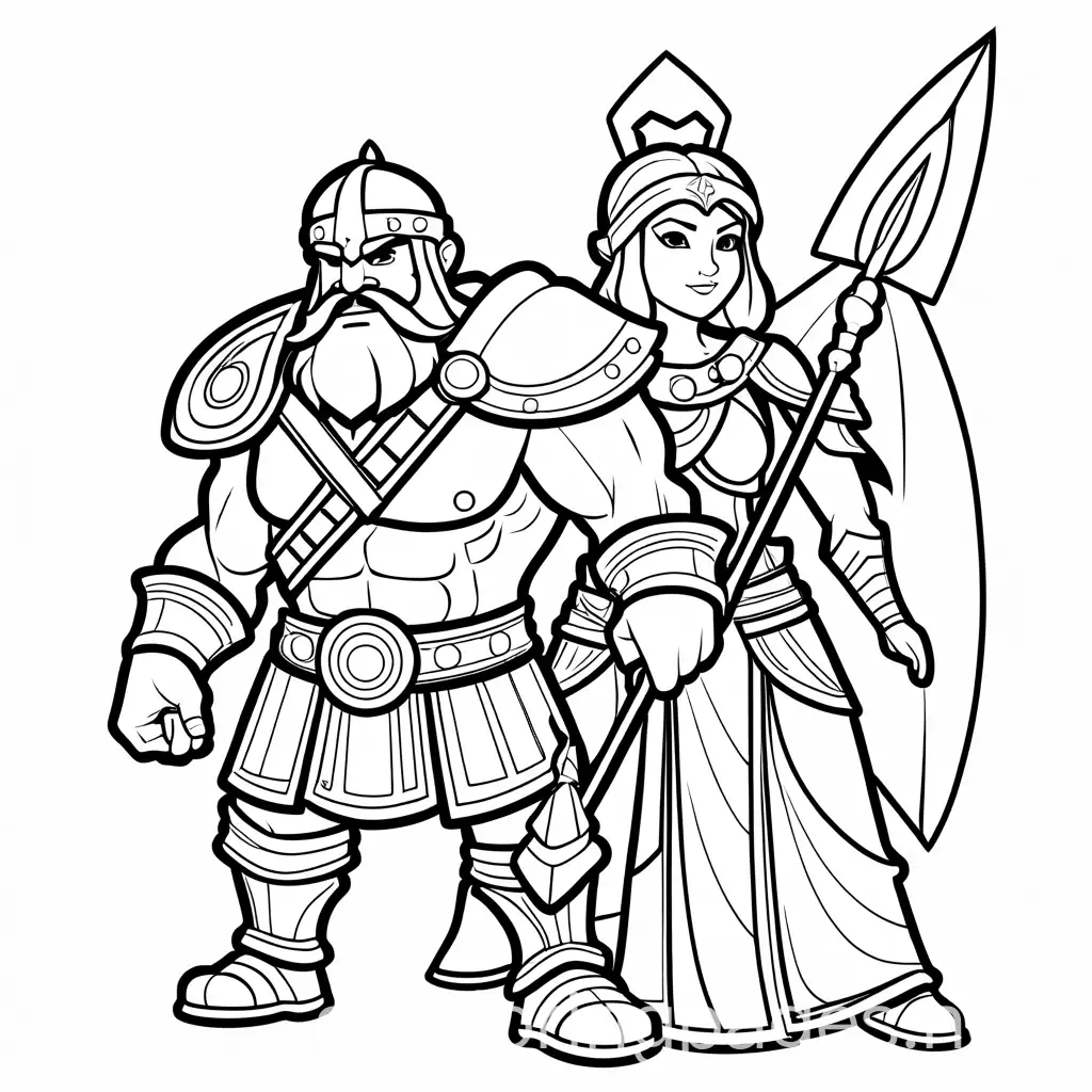 barbarian king, archer queen heroes from clash of clans simple game, Coloring Page, black and white, line art, white background, Simplicity, Ample White Space. The background of the coloring page is plain white to make it easy for young children to color within the lines. The outlines of all the subjects are easy to distinguish, making it simple for kids to color without too much difficulty