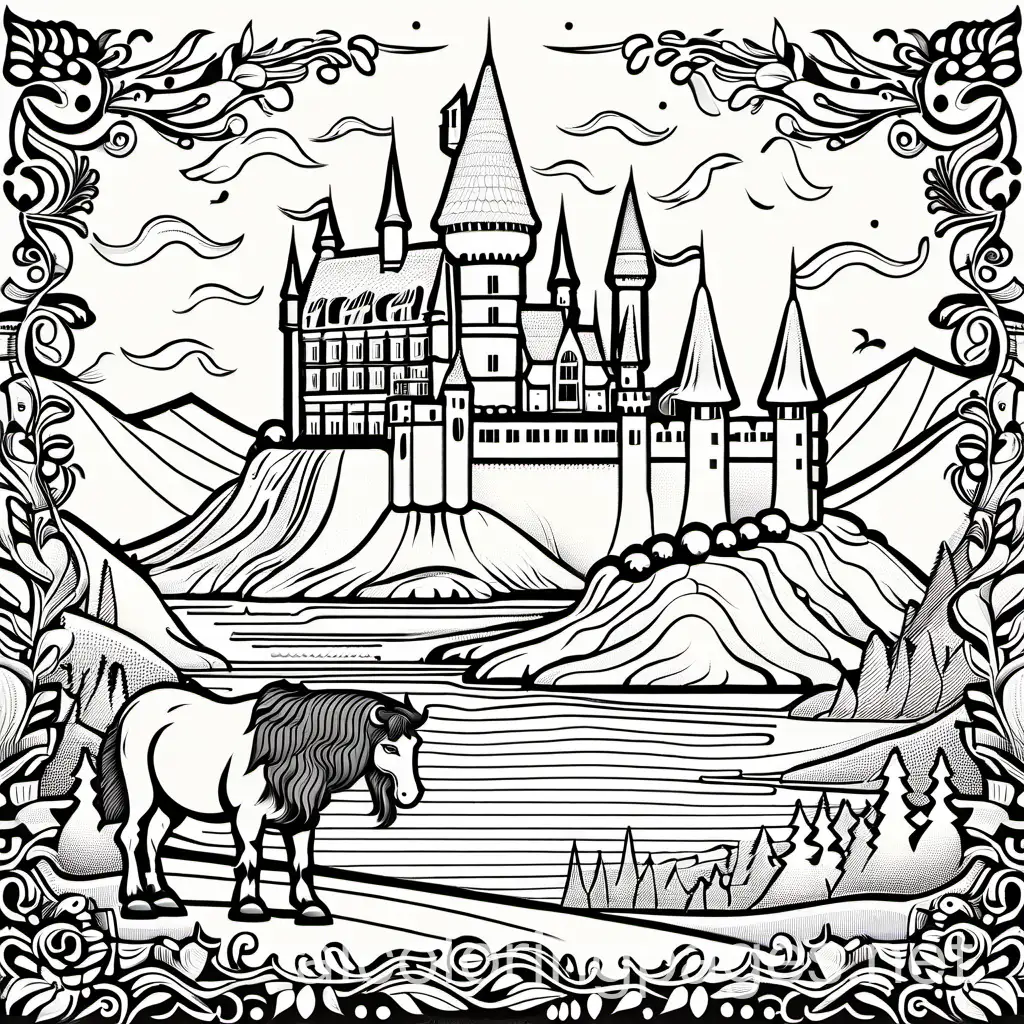 Hagrid's Care of Magical Creatures Class: Hagrid introducing students to magical creatures like hippogriffs and thestral, with the Hogwarts castle in the background., Coloring Page, black and white, line art, white background, Simplicity, Ample White Space. The background of the coloring page is plain white to make it easy for young children to color within the lines. The outlines of all the subjects are easy to distinguish, making it simple for kids to color without too much difficulty