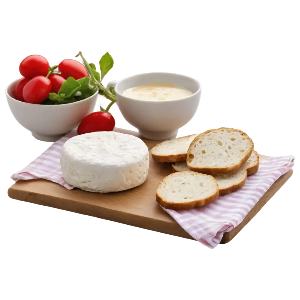 On a crisp white background, a red and white checkered tea towel is delicately arranged. In the center, a camembert without its packaging rests on the towel, its creamy texture ready to be savored. Beside the camembert, slices of rustic bread add a touch of rusticity to the composition. Stalks of wheat and salad leaves evoke the fresh, natural ingredients used to accompany this culinary delight. In this tantalizing arrangement, each element harmonizes to capture the essence of artisanal gastronomy and refined simplicity.