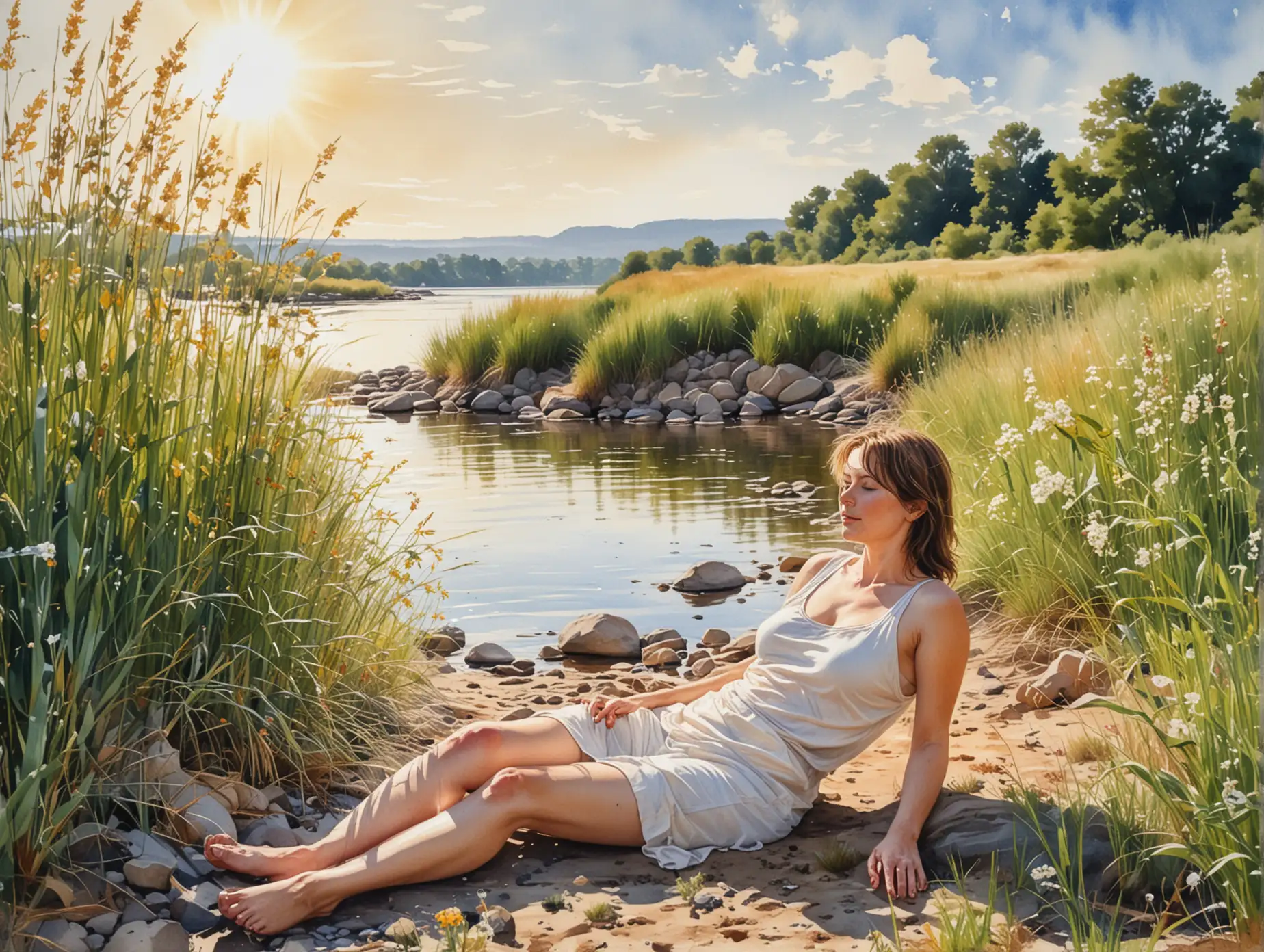 Naturalistic-Watercolor-Painting-Mature-Woman-Resting-by-Riverside-with-Friend