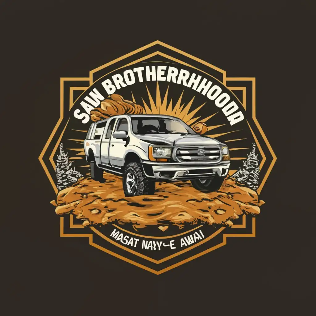 a logo design,with the text "SAN BROTHERHOOD (Masat Nya'e Tawai)", main symbol:TRUCKS, MUD, OFFROAD, TIMBER, HILUX, MUDDY ROAD, SUN,complex,be used in Automotive industry,clear background