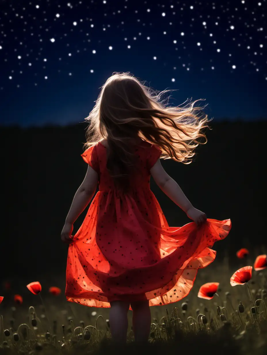 Girl with Long Hair Dancing in the Moonlit Poppy Field