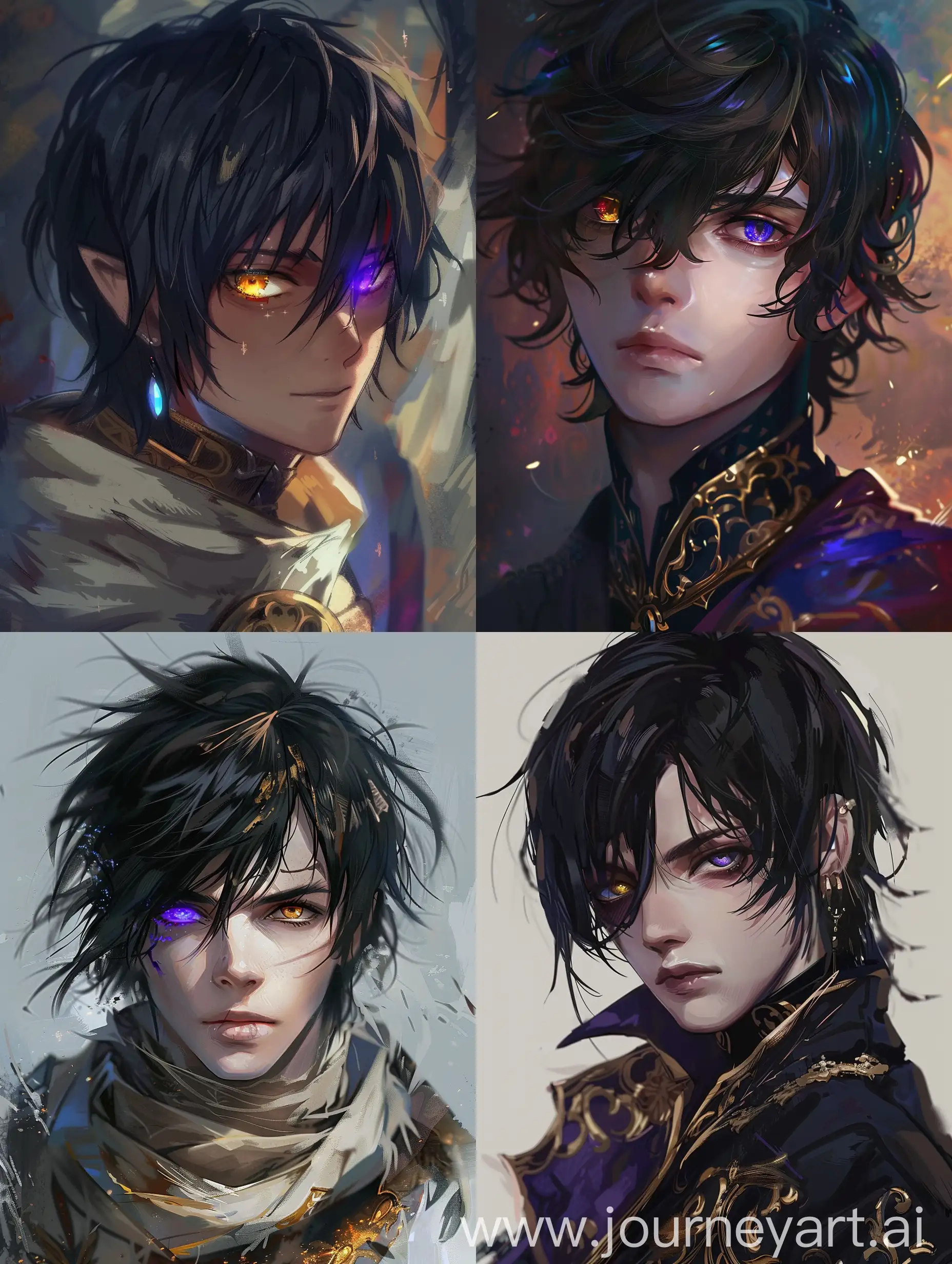 Anime style image.  The art depicts a young man with black hair and eyes of different colors;  his right eye is golden in color and his left eye is purple in color.  The character should be very handsome, dressed in medieval fantasy style clothing.