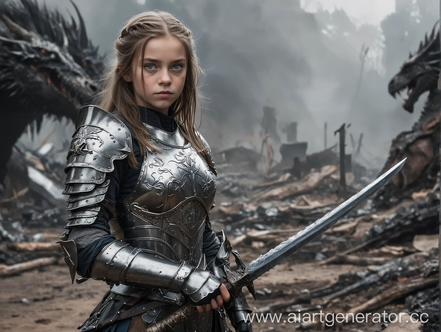 Молодая девушка, средней длины волосы, голубые глаза, в доспехах, с мечом в руках, на фоне убитый дракон